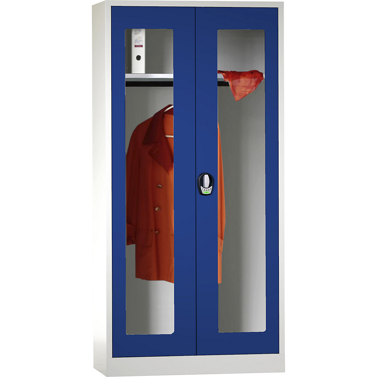 Šatní skříň s otočnými dveřmi s elektronickým zámkem – Wolf, s dveřmi s okénkem, světlá šedá / enciánová modrá