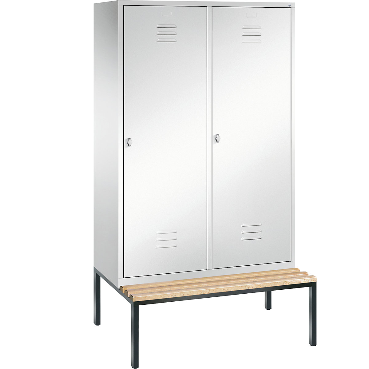 Šatní skříň s podstavnou lavicí CLASSIC s dveřmi přes 2 oddíly – C+P, 4 oddíly, šířka oddílu 300 mm, dopravní bílá-10
