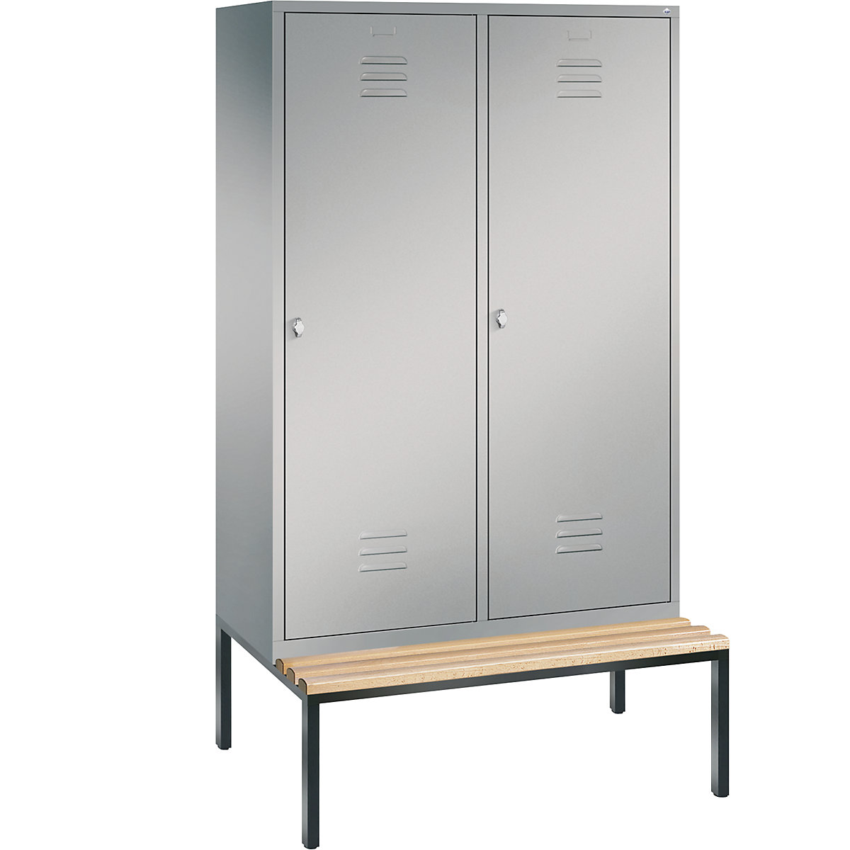 Šatní skříň s podstavnou lavicí CLASSIC s dveřmi přes 2 oddíly – C+P, 4 oddíly, šířka oddílu 300 mm, bílý hliník-7