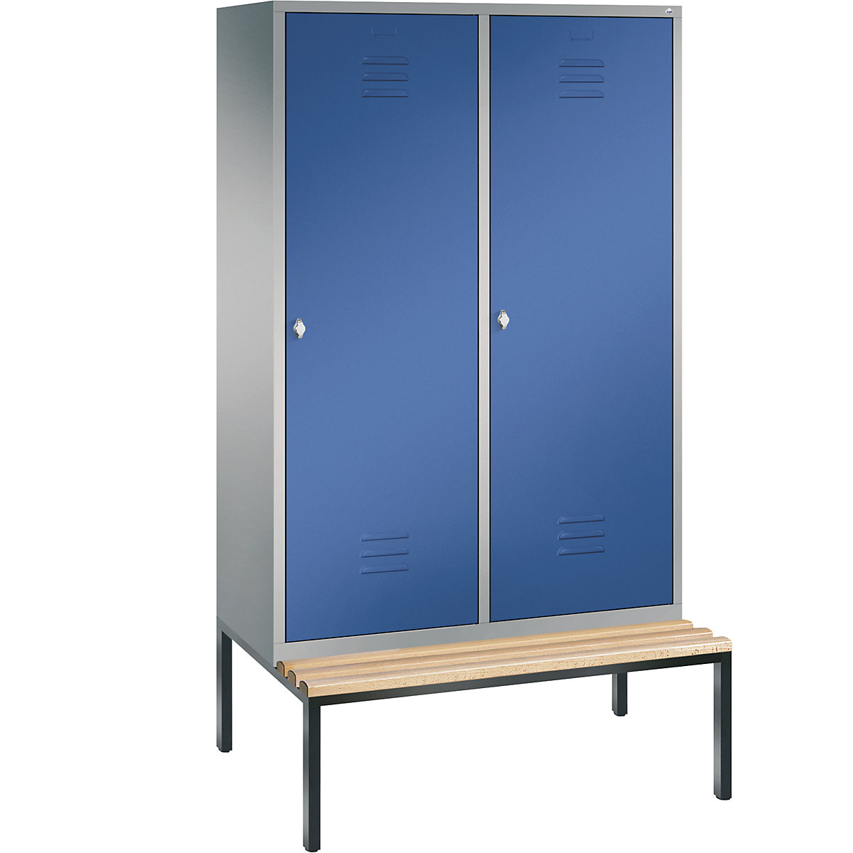 Šatní skříň s podstavnou lavicí CLASSIC s dveřmi přes 2 oddíly – C+P, 4 oddíly, šířka oddílu 300 mm, bílý hliník / enciánová modrá-8