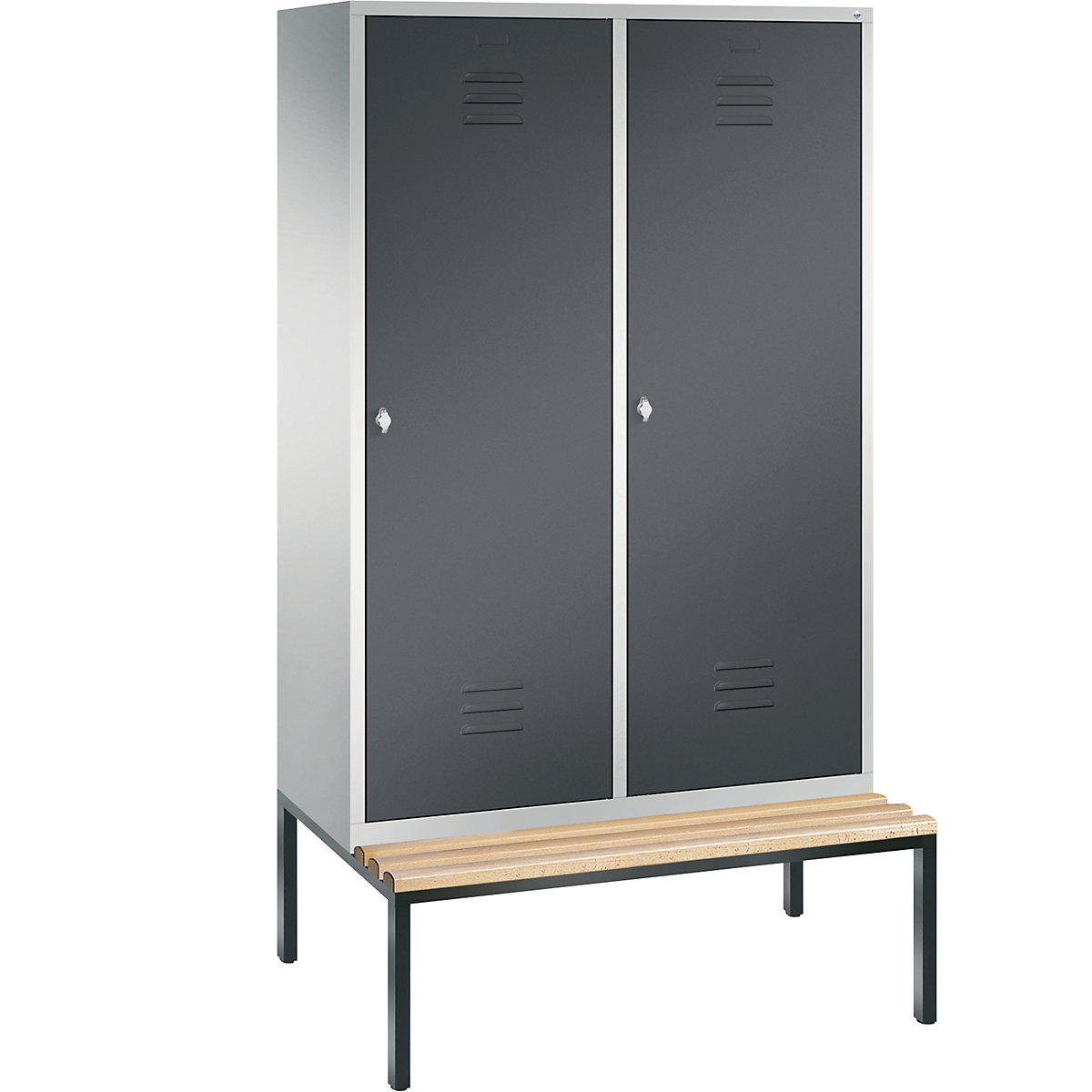 Šatní skříň s podstavnou lavicí CLASSIC s dveřmi přes 2 oddíly – C+P, 4 oddíly, šířka oddílu 300 mm, světlá šedá / černošedá-13