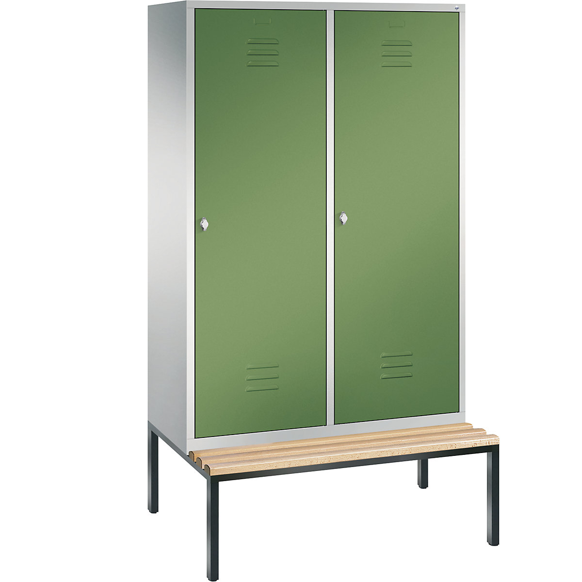 Šatní skříň s podstavnou lavicí CLASSIC s dveřmi přes 2 oddíly – C+P, 4 oddíly, šířka oddílu 300 mm, světlá šedá / rezedová zelená-6