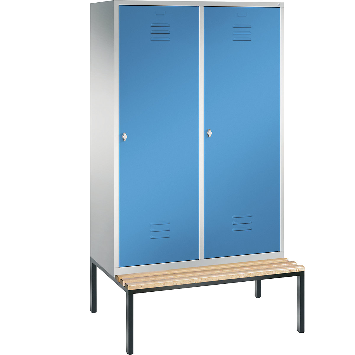Šatní skříň s podstavnou lavicí CLASSIC s dveřmi přes 2 oddíly – C+P, 4 oddíly, šířka oddílu 300 mm, světlá šedá / světlá modrá-3