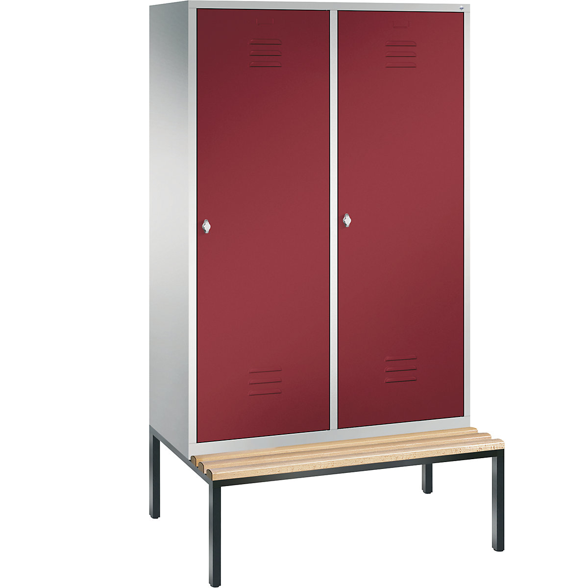 Šatní skříň s podstavnou lavicí CLASSIC s dveřmi přes 2 oddíly – C+P, 4 oddíly, šířka oddílu 300 mm, světlá šedá / rubínová-14