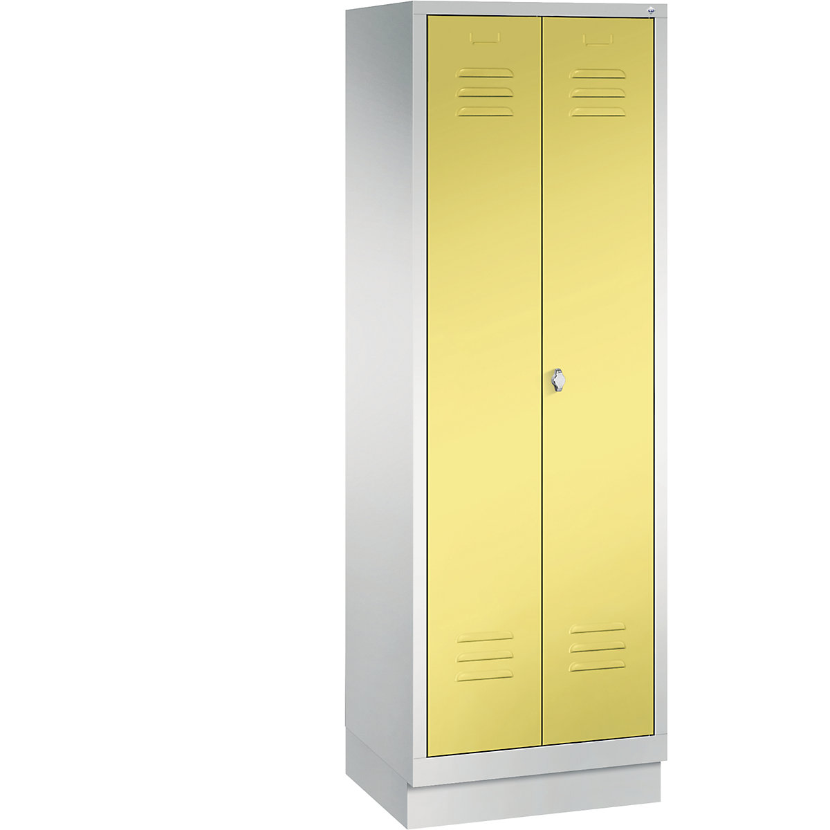 C+P – Šatní skříň se soklem CLASSIC, 4 police, tyč na oděvy, oddíly 2 x 300 mm, světlá šedá / sírová žlutá