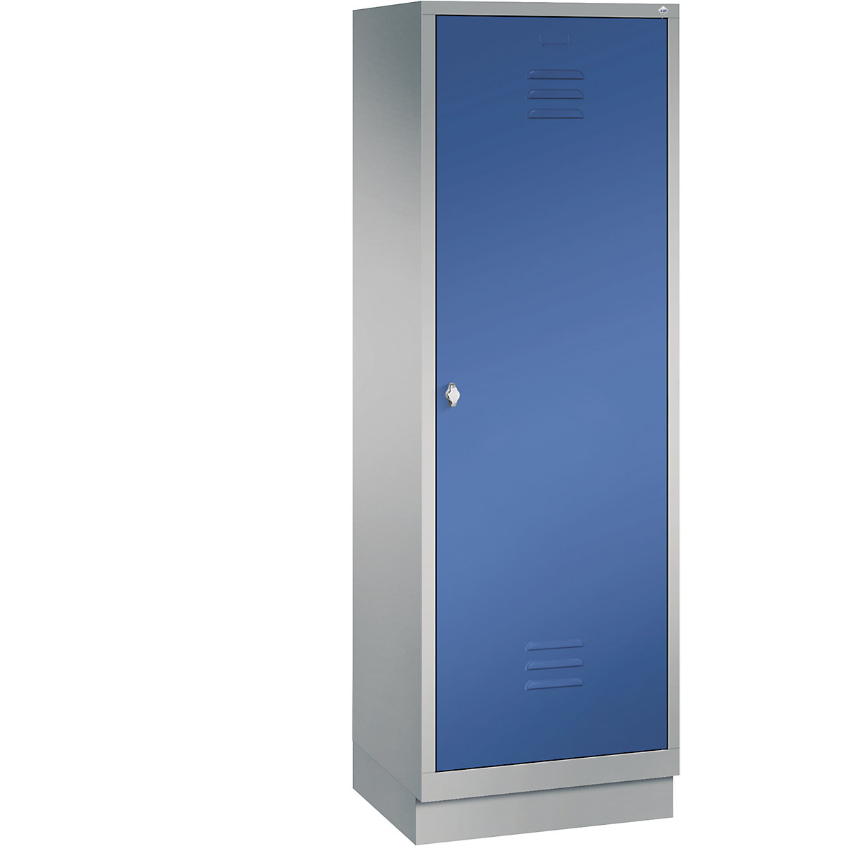 Šatní skříň se soklem CLASSIC s dveřmi přes 2 oddíly – C+P, 2 oddíly, šířka oddílu 300 mm, bílý hliník / enciánová modrá