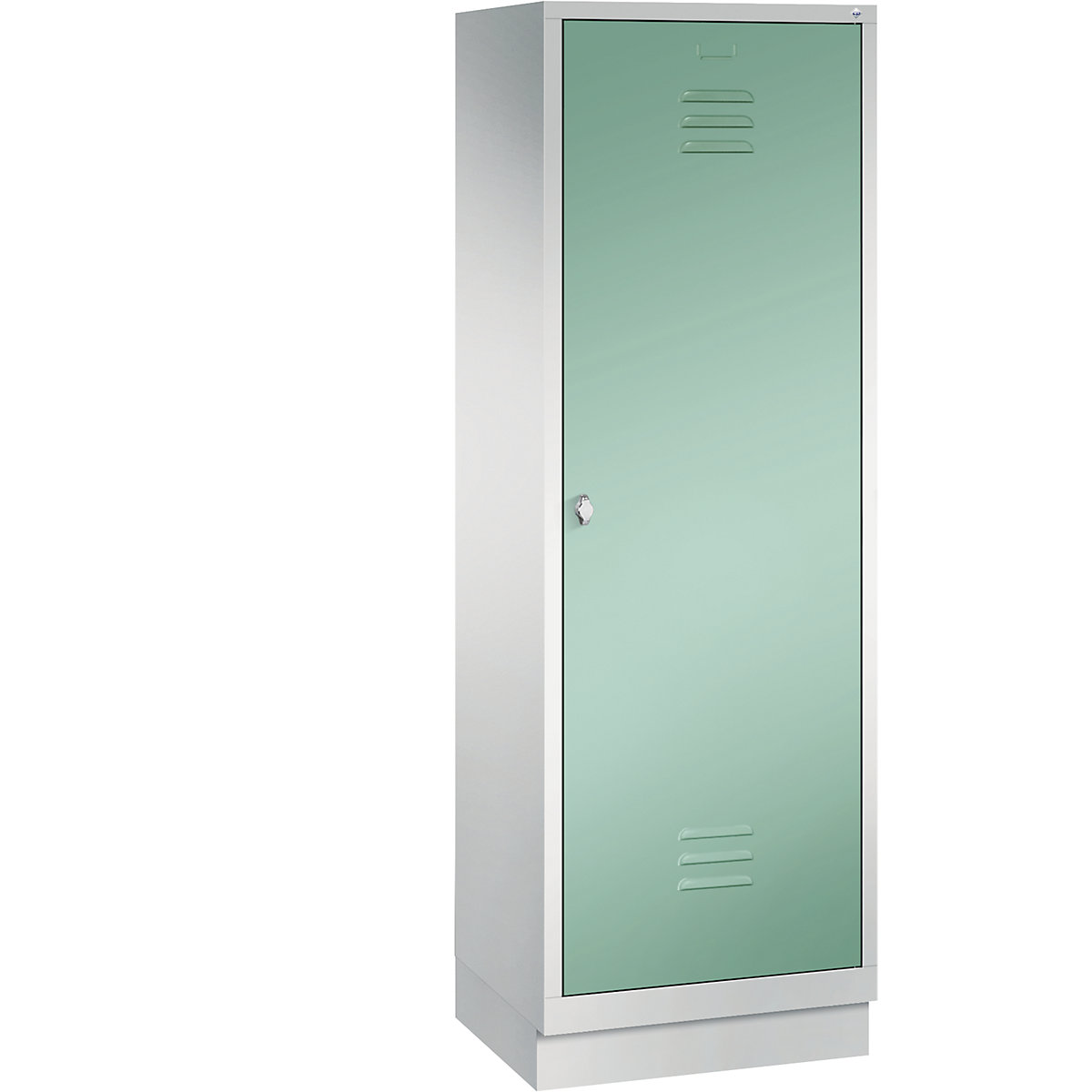 Šatní skříň se soklem CLASSIC s dveřmi přes 2 oddíly – C+P, 2 oddíly, šířka oddílu 300 mm, světlá šedá / světlá zelená