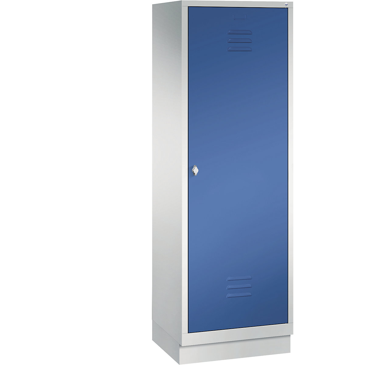 Šatní skříň se soklem CLASSIC s dveřmi přes 2 oddíly – C+P, 2 oddíly, šířka oddílu 300 mm, světlá šedá / enciánová modrá