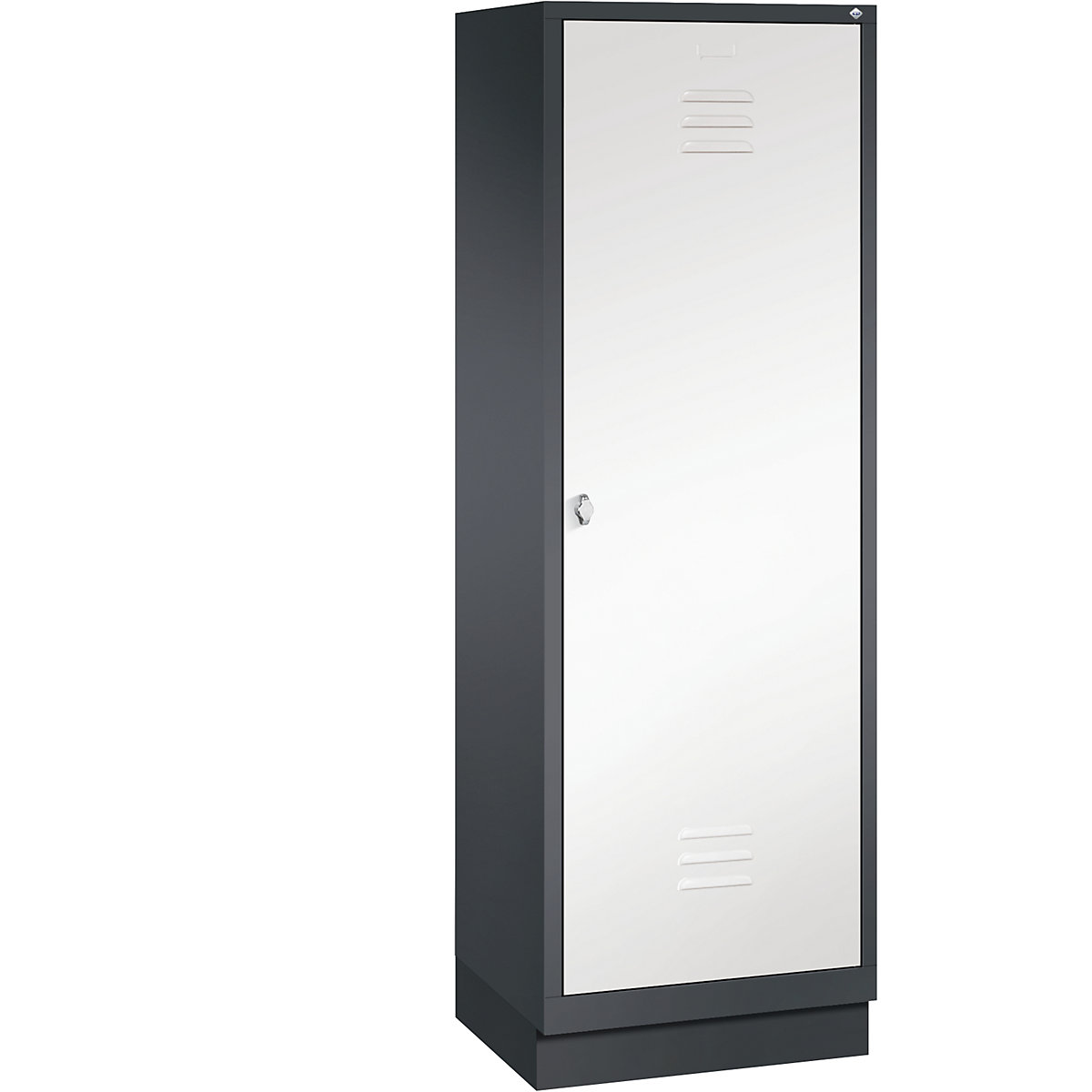 Šatní skříň se soklem CLASSIC s dveřmi přes 2 oddíly – C+P, 2 oddíly, šířka oddílu 300 mm, černošedá / dopravní bílá