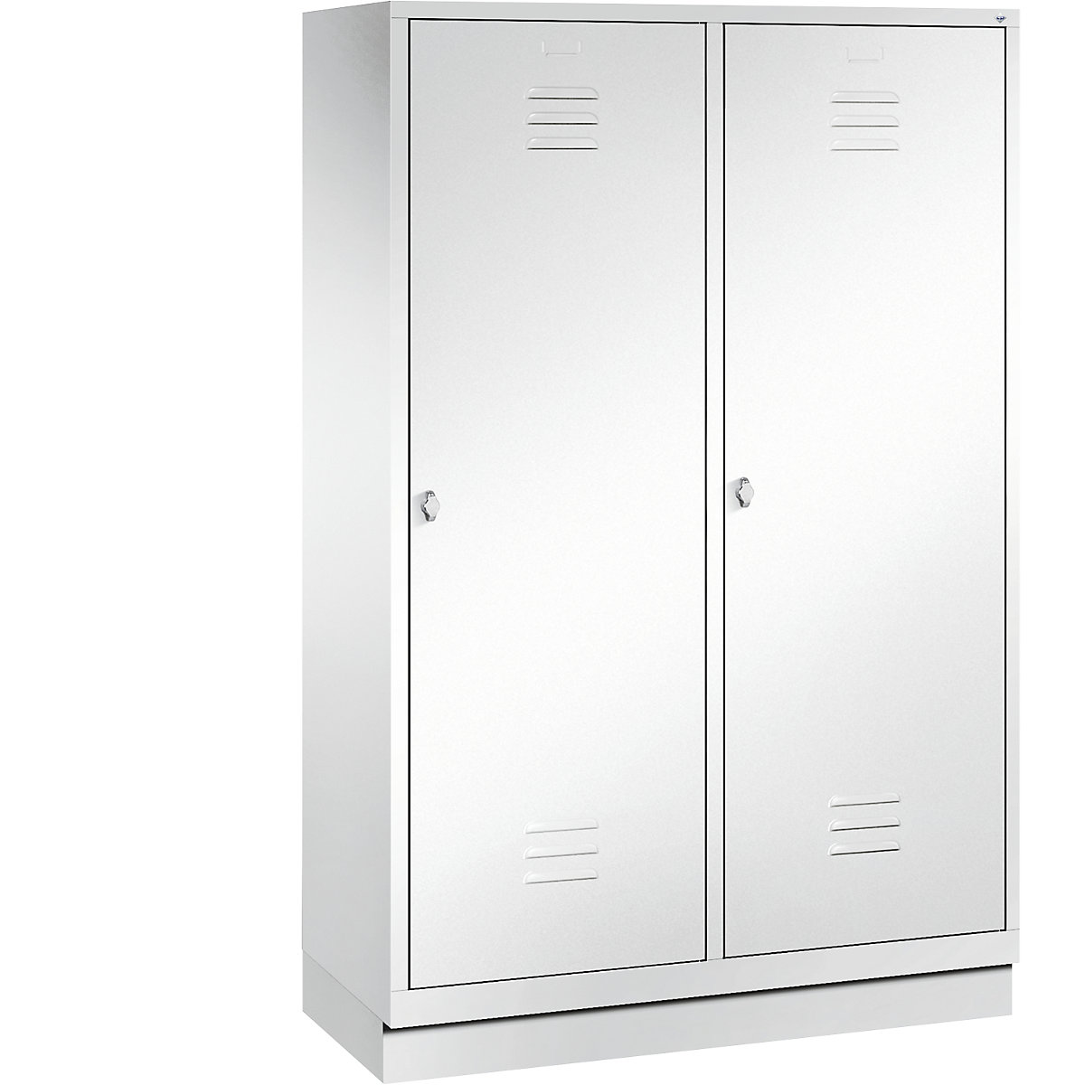 Šatní skříň se soklem CLASSIC s dveřmi přes 2 oddíly – C+P, 4 oddíly, šířka oddílu 300 mm, dopravní bílá