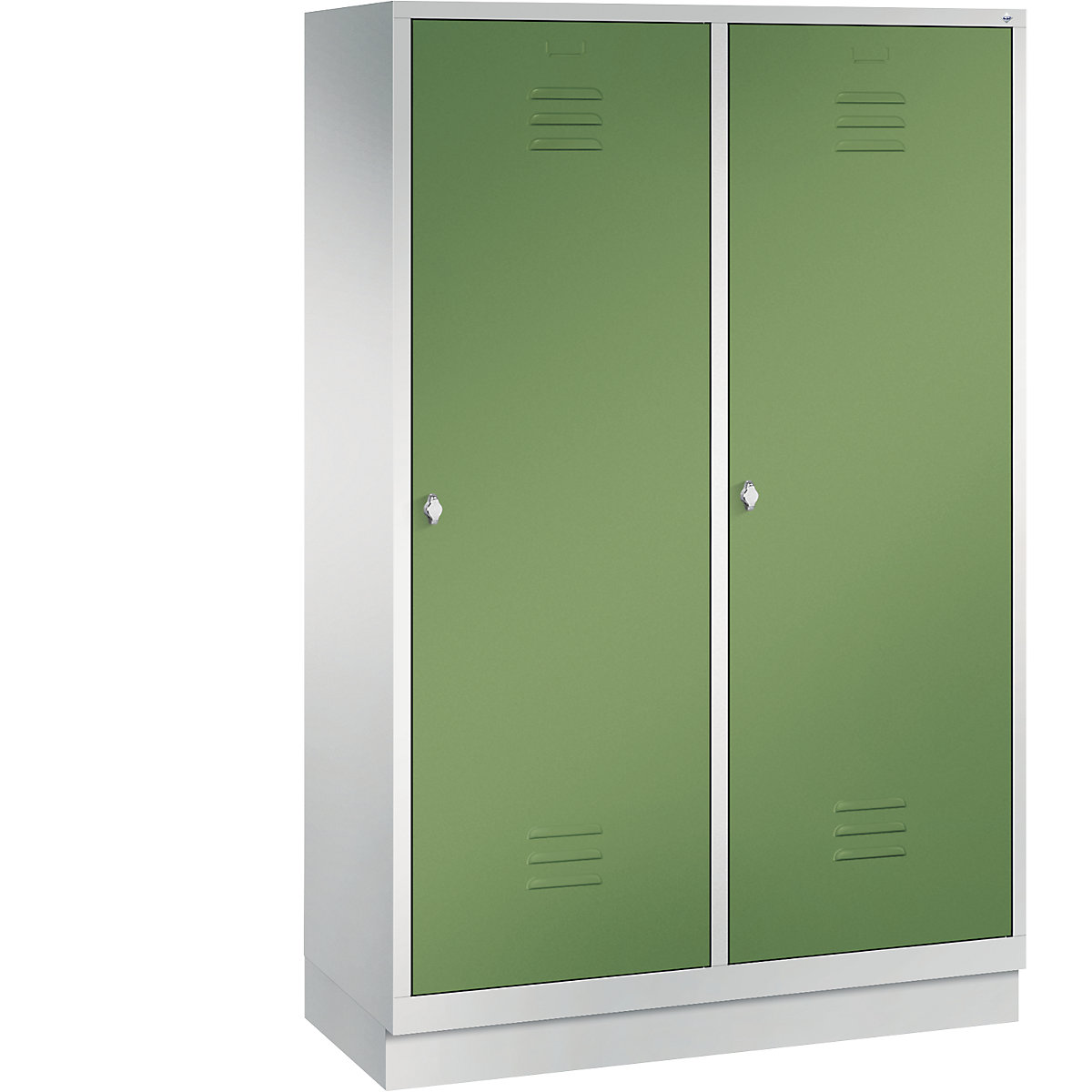 Šatní skříň se soklem CLASSIC s dveřmi přes 2 oddíly – C+P, 4 oddíly, šířka oddílu 300 mm, světlá šedá / rezedová zelená
