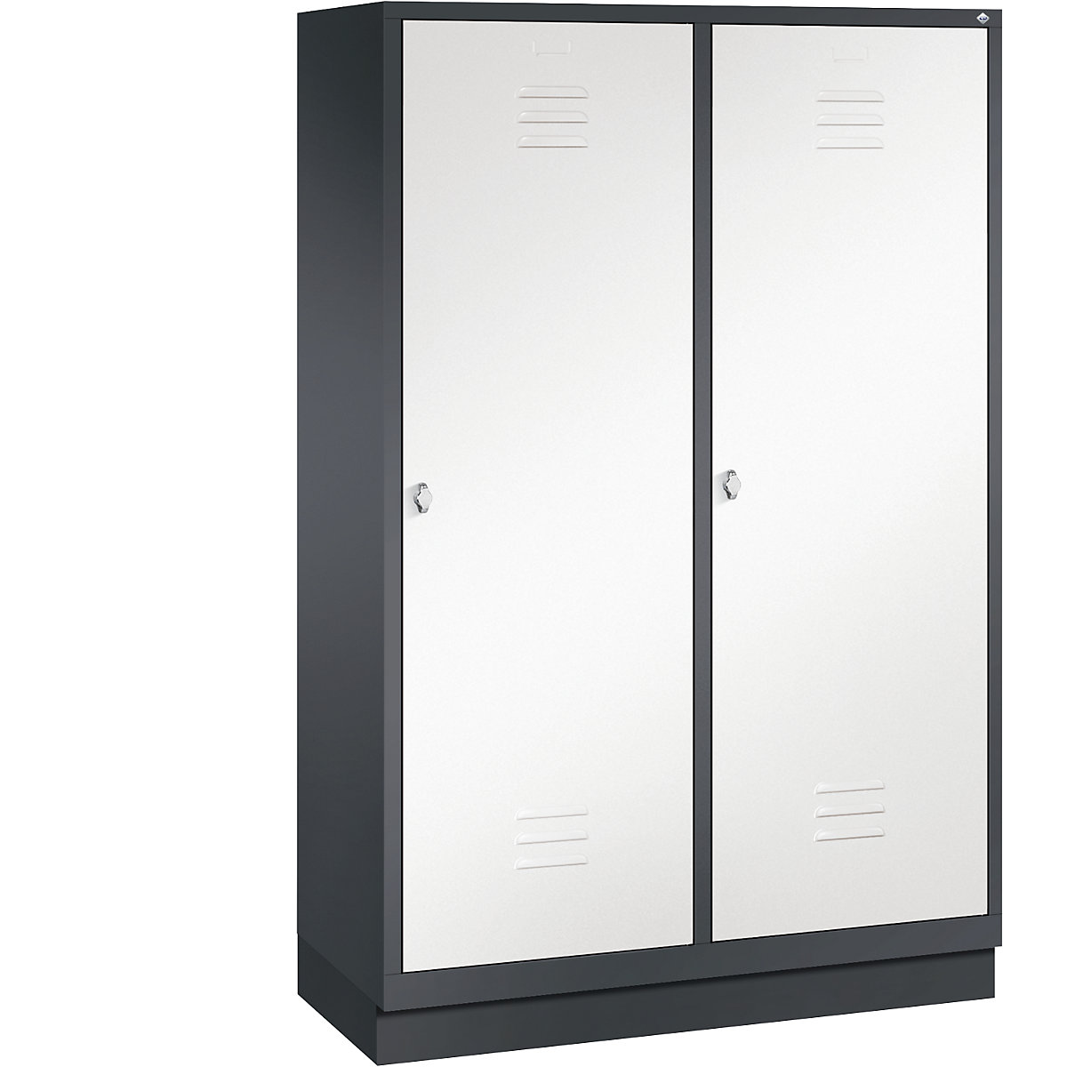 Šatní skříň se soklem CLASSIC s dveřmi přes 2 oddíly – C+P, 4 oddíly, šířka oddílu 300 mm, černošedá / dopravní bílá