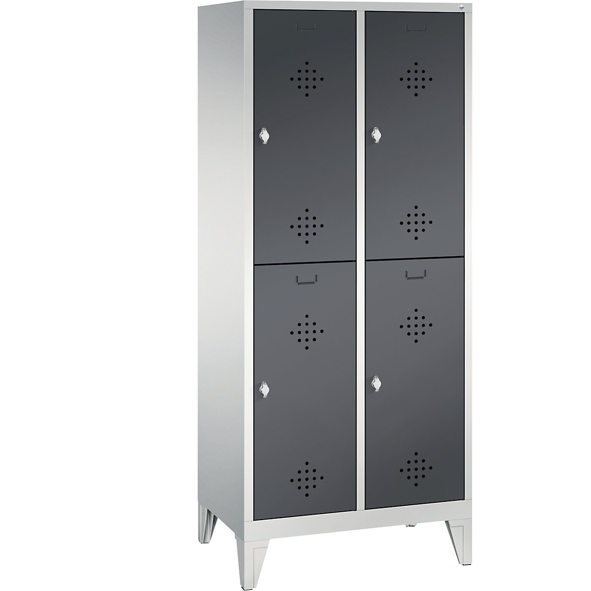 C+P – Dvoupatrová šatní skříň s nohami CLASSIC, 2 oddíly, vždy 2 boxy, šířka oddílu 400 mm, světlá šedá / černošedá