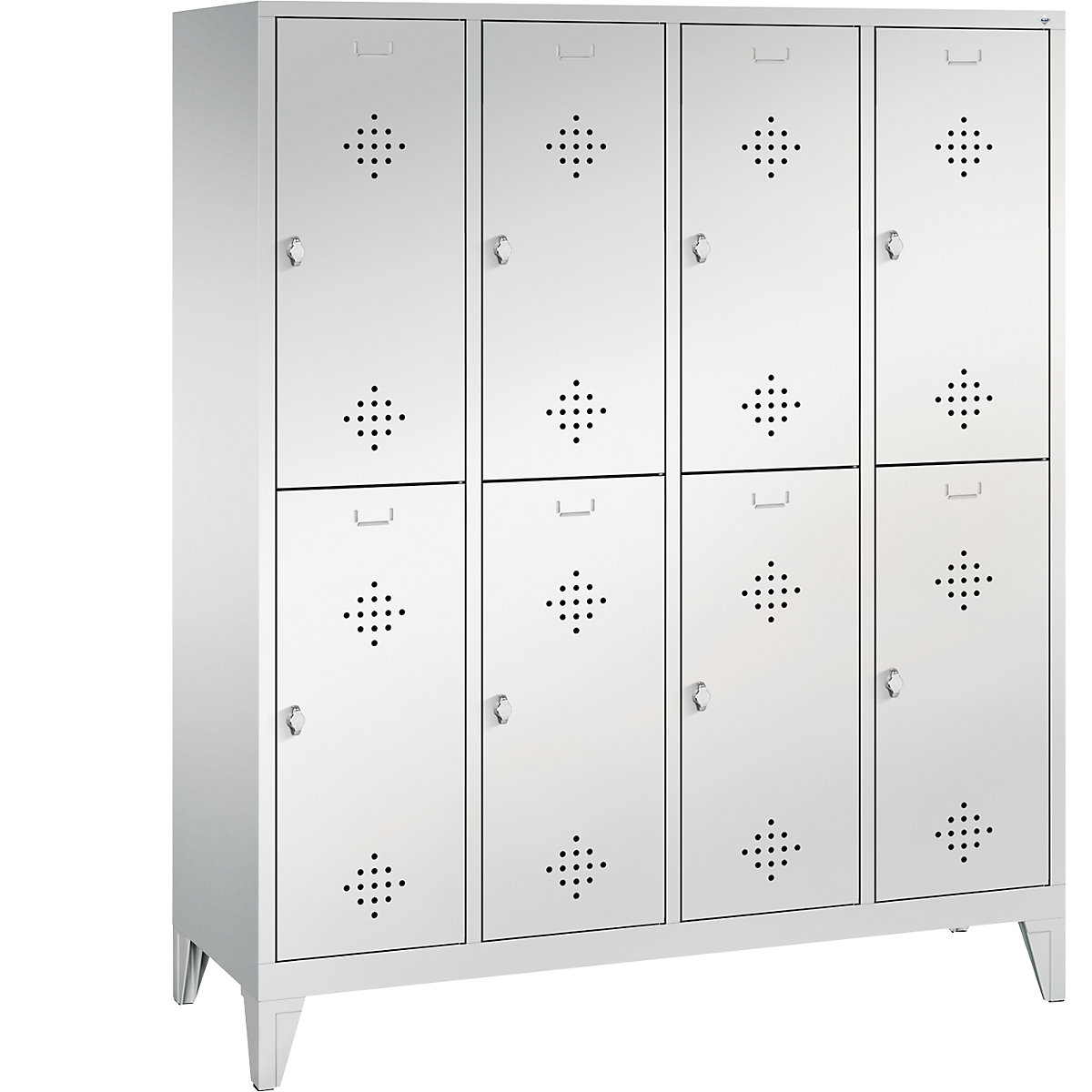 C+P – Dvoupatrová šatní skříň s nohami CLASSIC, 4 oddíly, vždy 2 boxy, šířka oddílu 400 mm, světlá šedá