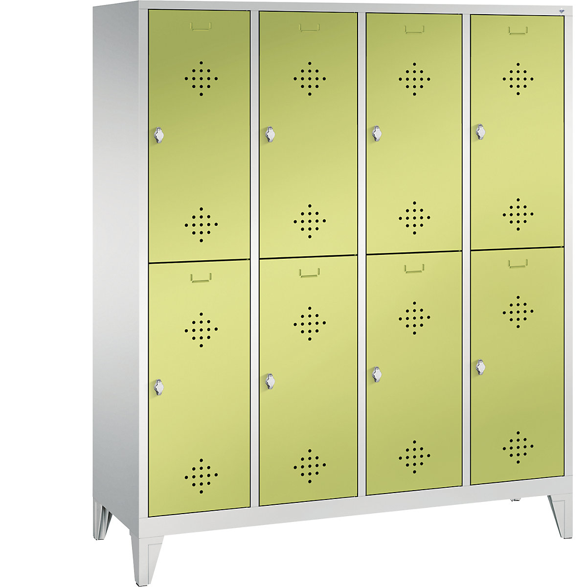 C+P – Dvoupatrová šatní skříň s nohami CLASSIC, 4 oddíly, vždy 2 boxy, šířka oddílu 400 mm, světlá šedá / viridianová zelená