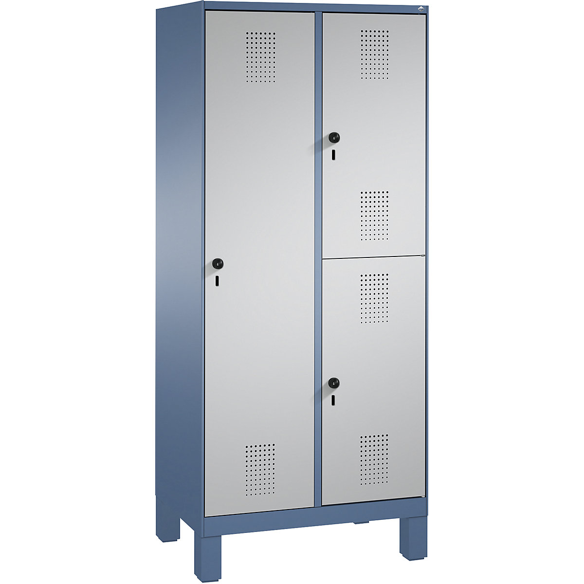 Kombinovaná skříň EVOLO, jednopatrová a dvoupatrová – C+P, 2 oddíly, 3 dveře, šířka oddílu 400 mm, s nohami, modrošedá / bílý hliník-5