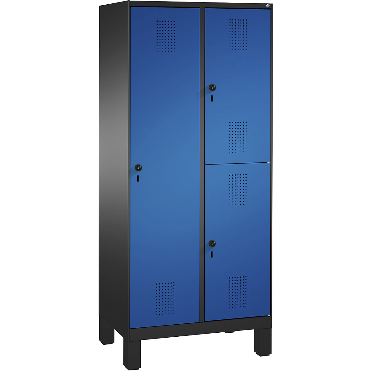 Kombinovaná skříň EVOLO, jednopatrová a dvoupatrová – C+P, 2 oddíly, 3 dveře, šířka oddílu 400 mm, s nohami, černošedá / enciánová modrá-11