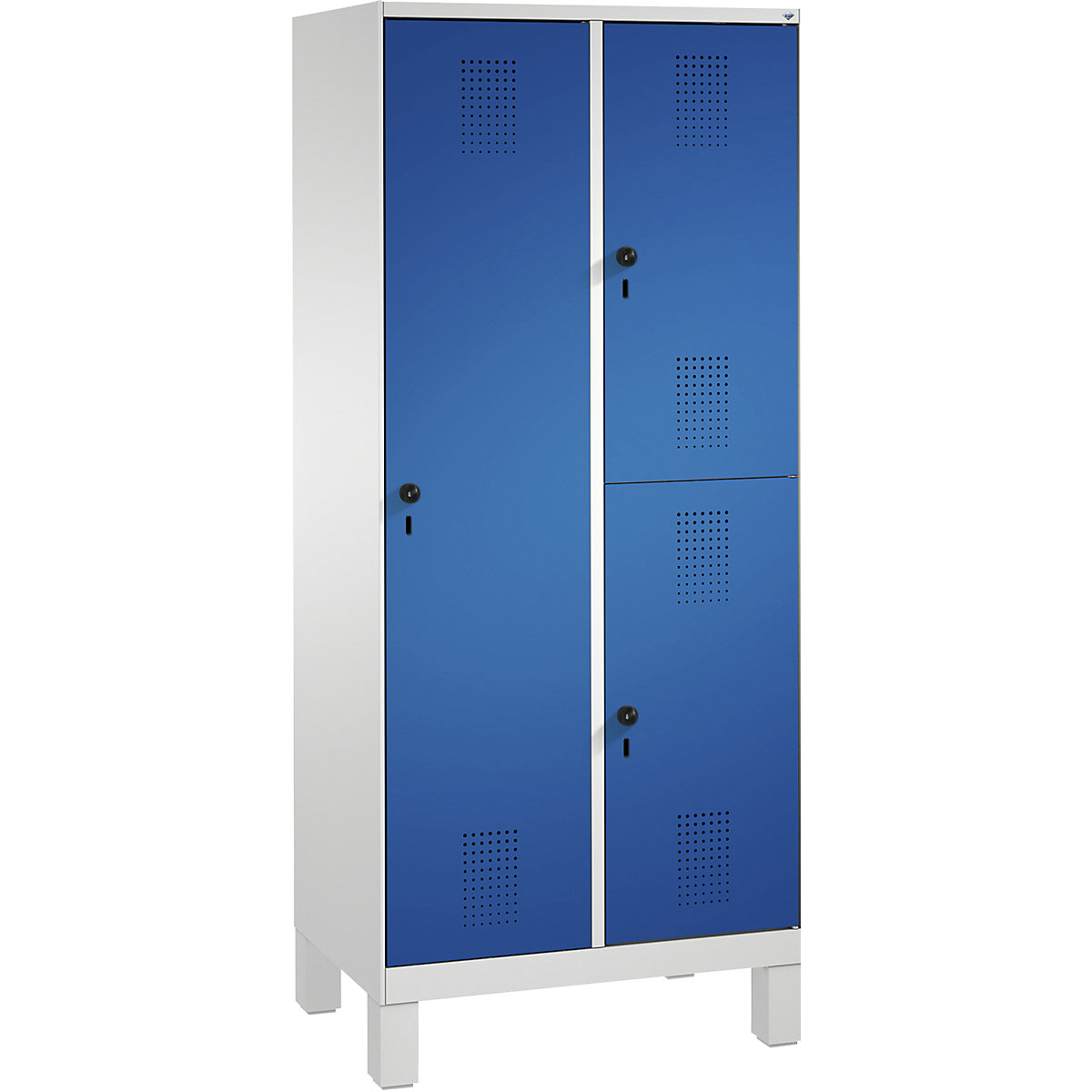 Kombinovaná skříň EVOLO, jednopatrová a dvoupatrová – C+P, 2 oddíly, 3 dveře, šířka oddílu 400 mm, s nohami, světlá šedá / enciánová modrá-13