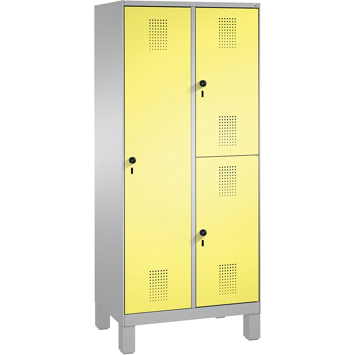 Kombinovaná skříň EVOLO, jednopatrová a dvoupatrová – C+P, 2 oddíly, 3 dveře, šířka oddílu 400 mm, s nohami, bílý hliník / sírová žlutá-17