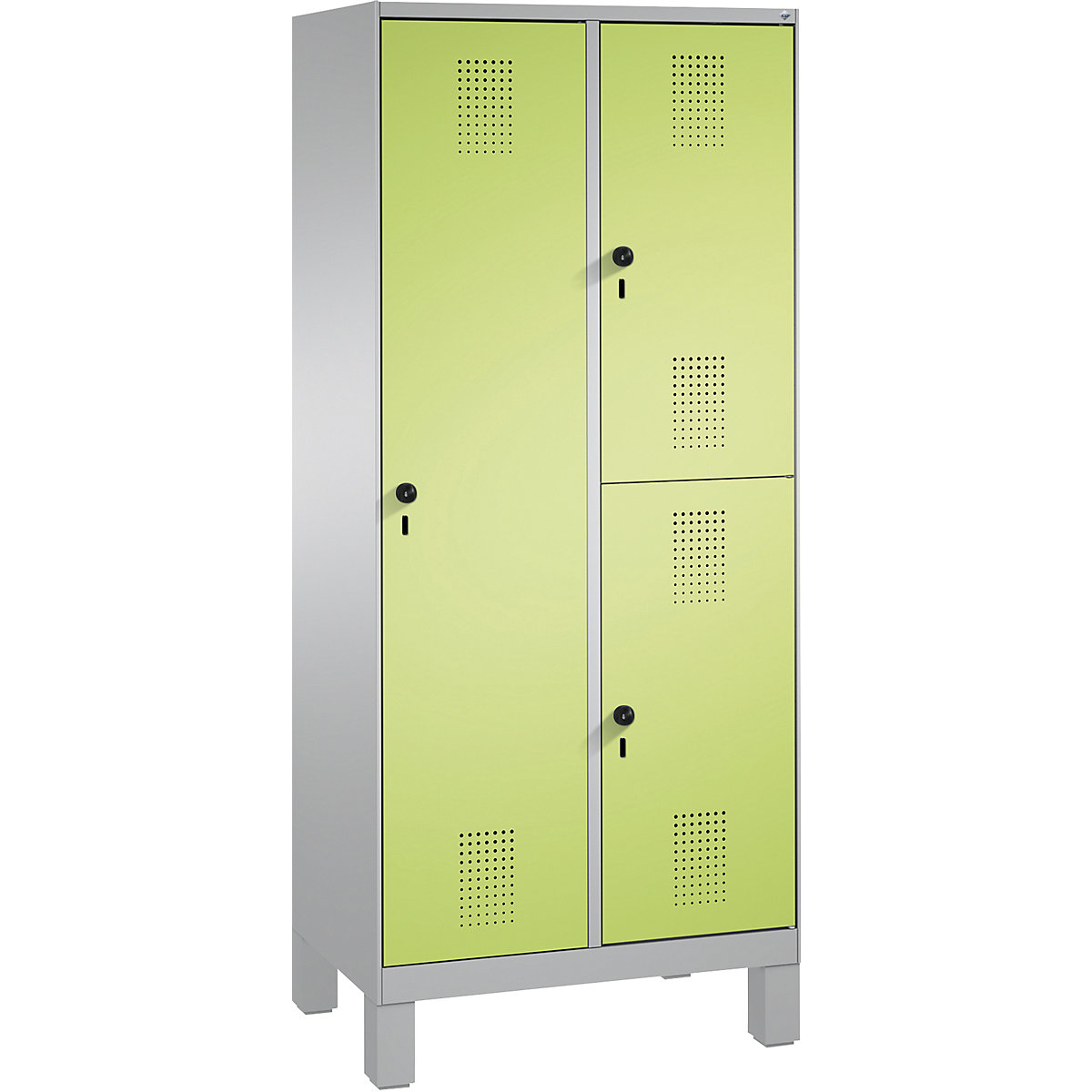 Kombinovaná skříň EVOLO, jednopatrová a dvoupatrová – C+P, 2 oddíly, 3 dveře, šířka oddílu 400 mm, s nohami, bílý hliník / viridianová zelená-8
