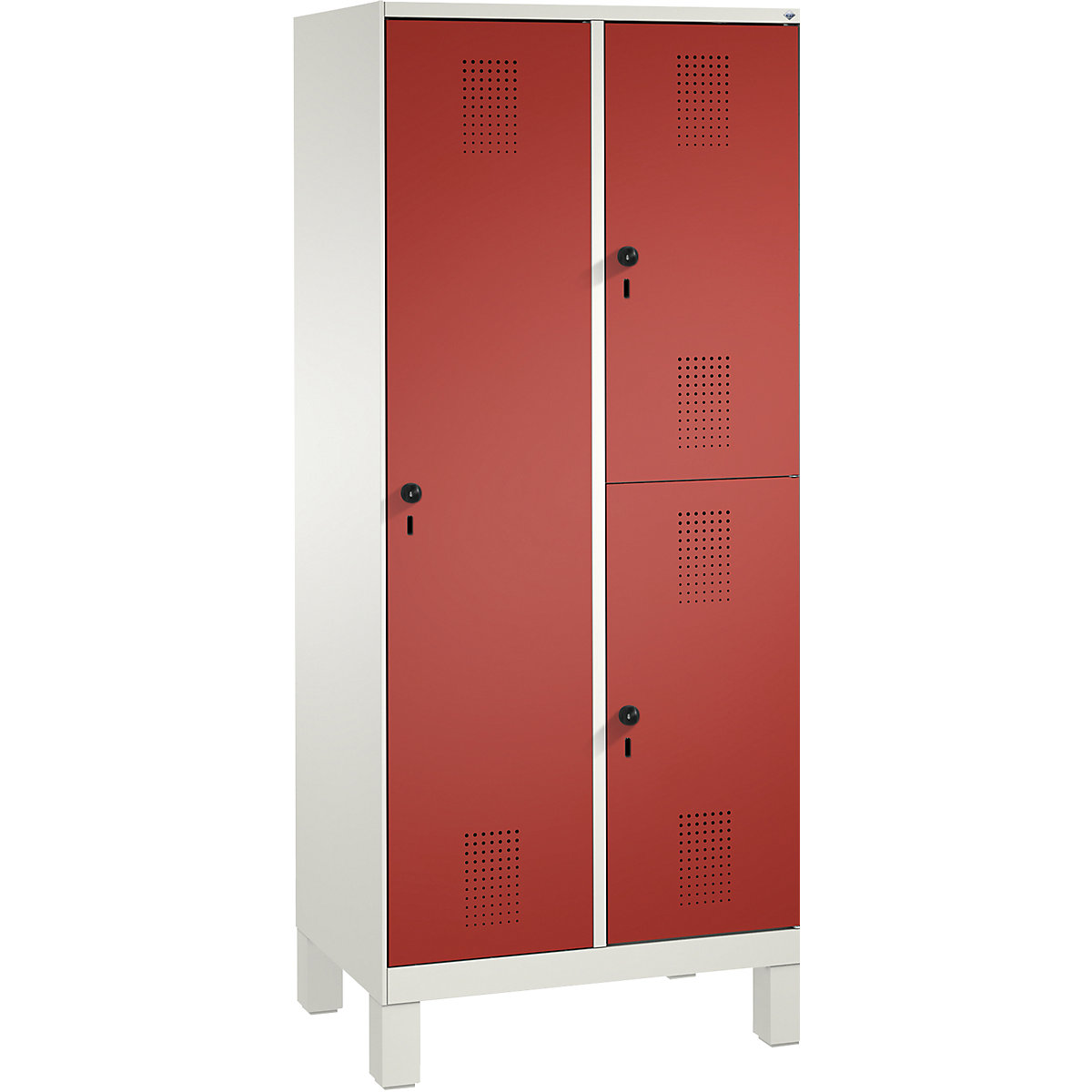 Kombinovaná skříň EVOLO, jednopatrová a dvoupatrová – C+P, 2 oddíly, 3 dveře, šířka oddílu 400 mm, s nohami, dopravní bílá / ohnivě červená-15