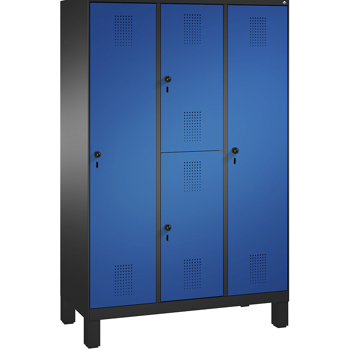Kombinovaná skříň EVOLO, jednopatrová a dvoupatrová – C+P, 3 oddíly, 4 dveře, šířka oddílu 400 mm, s nohami, černošedá / enciánová modrá-6