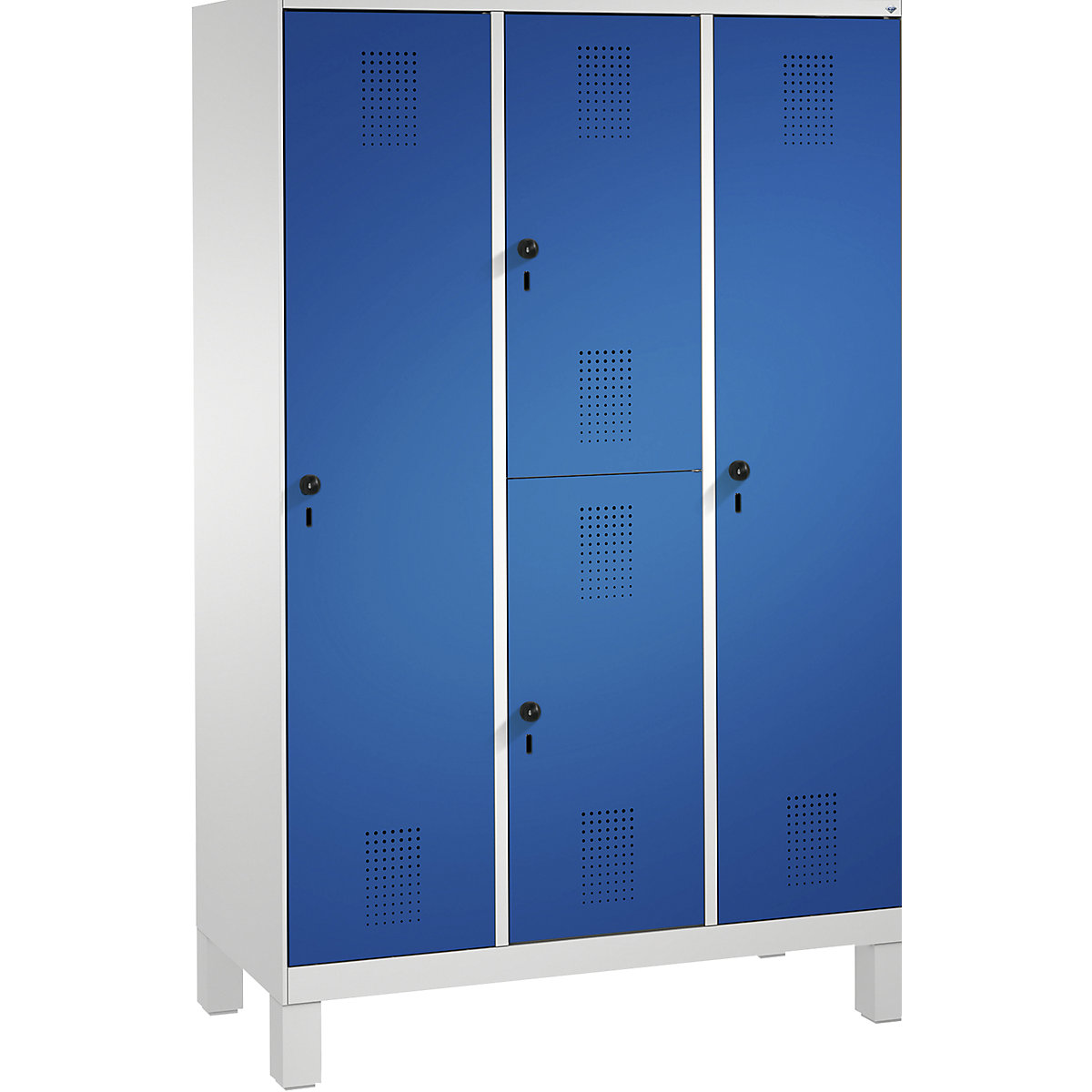 Kombinovaná skříň EVOLO, jednopatrová a dvoupatrová – C+P, 3 oddíly, 4 dveře, šířka oddílu 400 mm, s nohami, světlá šedá / enciánová modrá-12