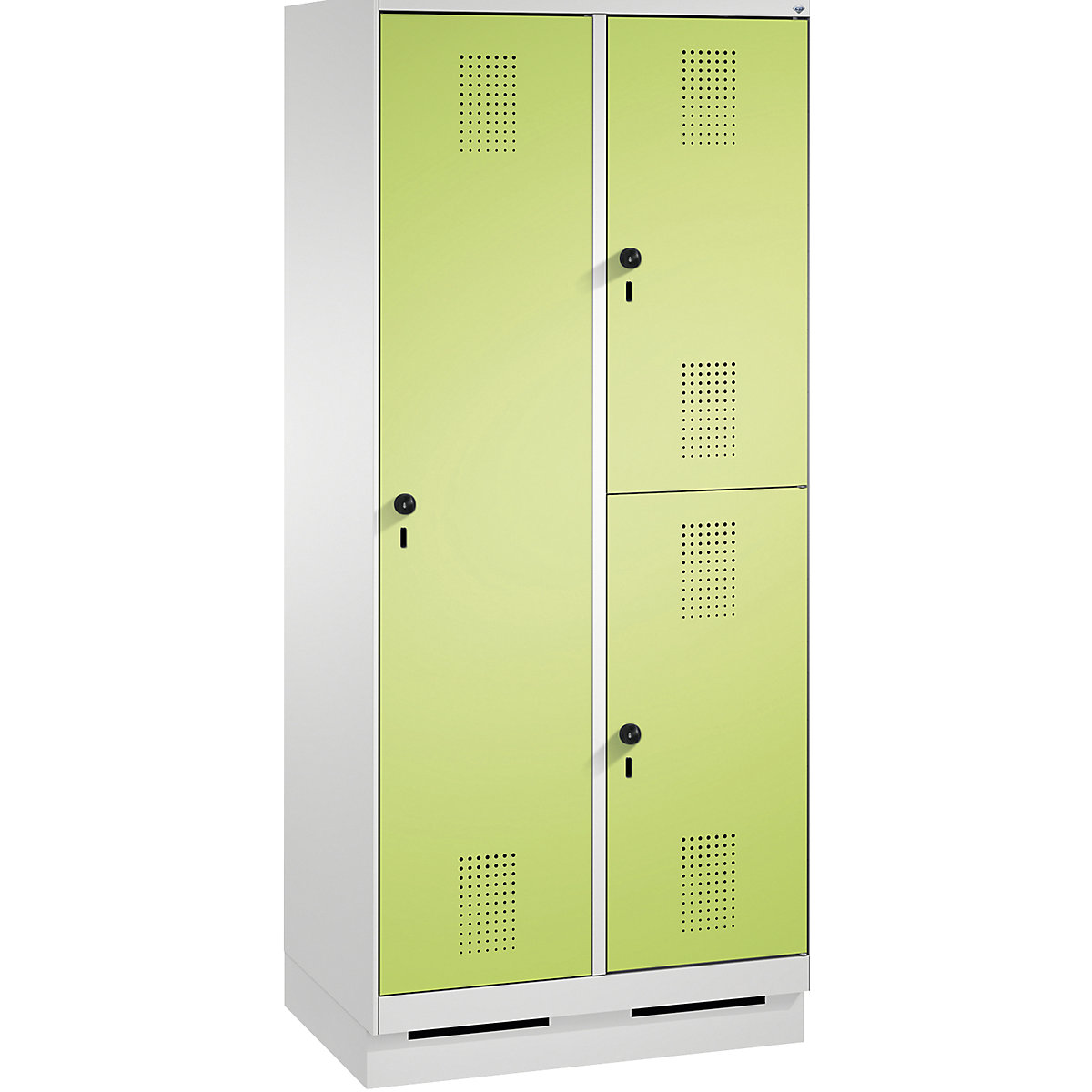 Kombinovaná skříň EVOLO, jednopatrová a dvoupatrová – C+P, 2 oddíly, 3 dveře, šířka oddílu 400 mm, se soklem, světlá šedá / viridianová zelená-7