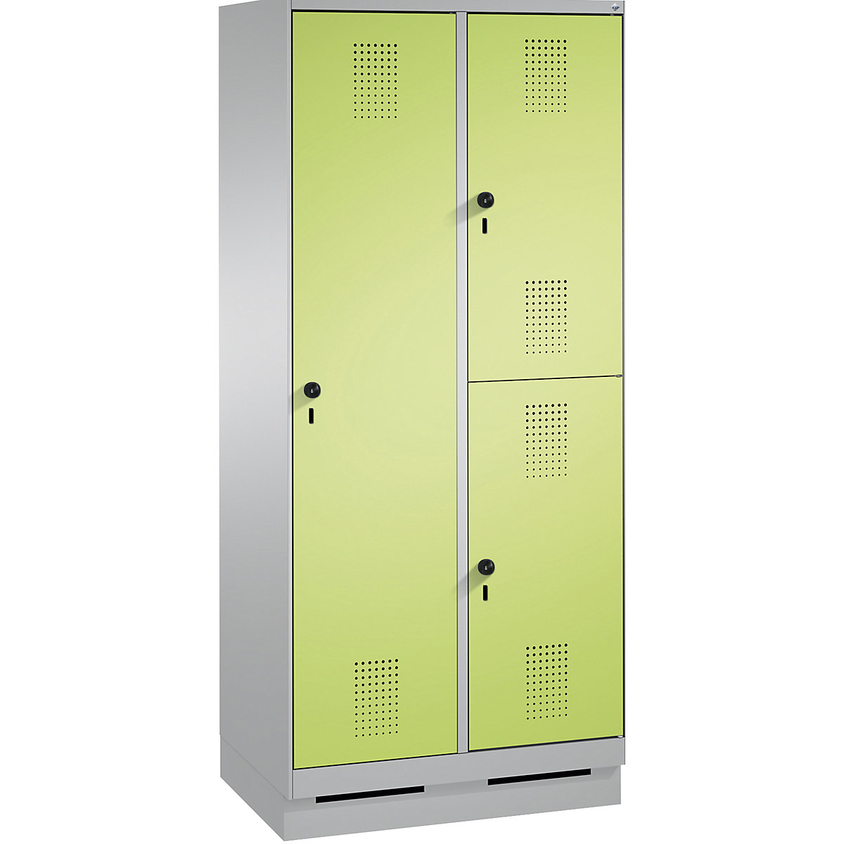 Kombinovaná skříň EVOLO, jednopatrová a dvoupatrová – C+P, 2 oddíly, 3 dveře, šířka oddílu 400 mm, se soklem, bílý hliník / viridianová zelená-6