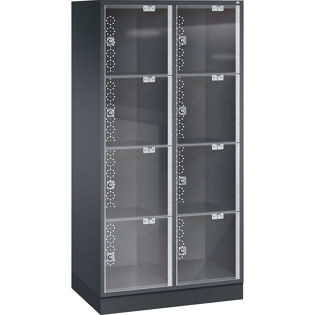 Ocelová skříň s uzamykatelnými boxy INTRO s dveřmi z akrylového skla – C+P