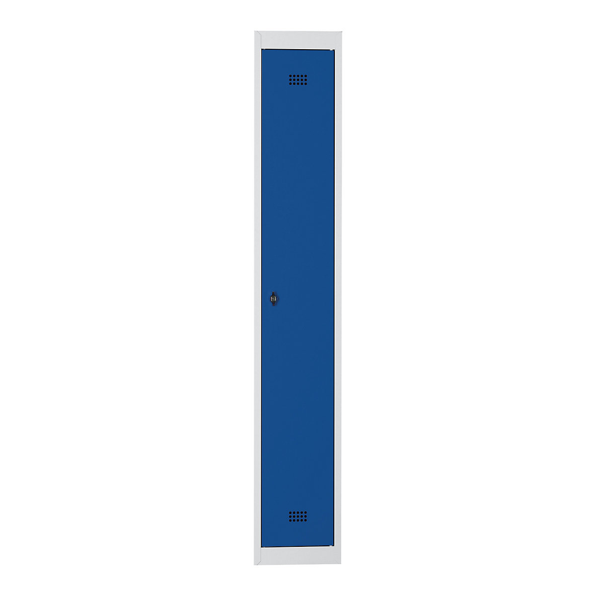 Ocelová skříňka – Wolf, s vypalovaným nátěrem, 1 oddíl, výška 1700 mm, šířka 300 mm, 1 police na klobouky, 1 tyč na oděvy, přístavný prvek, světlá šedá / enciánová modrá