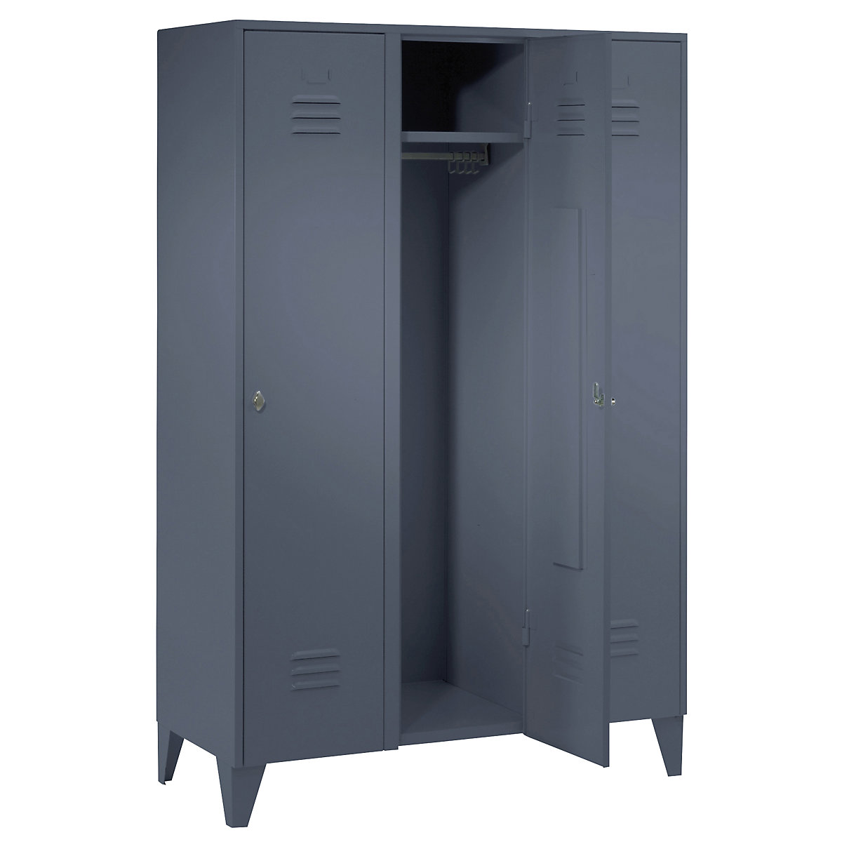 Ocelová skříňka s kuželovými nohami – Wolf, oddíly ve výšce skříně, plnostěnné dveře, šířka oddílu 400 mm, 3 oddíly, modrošedá-48