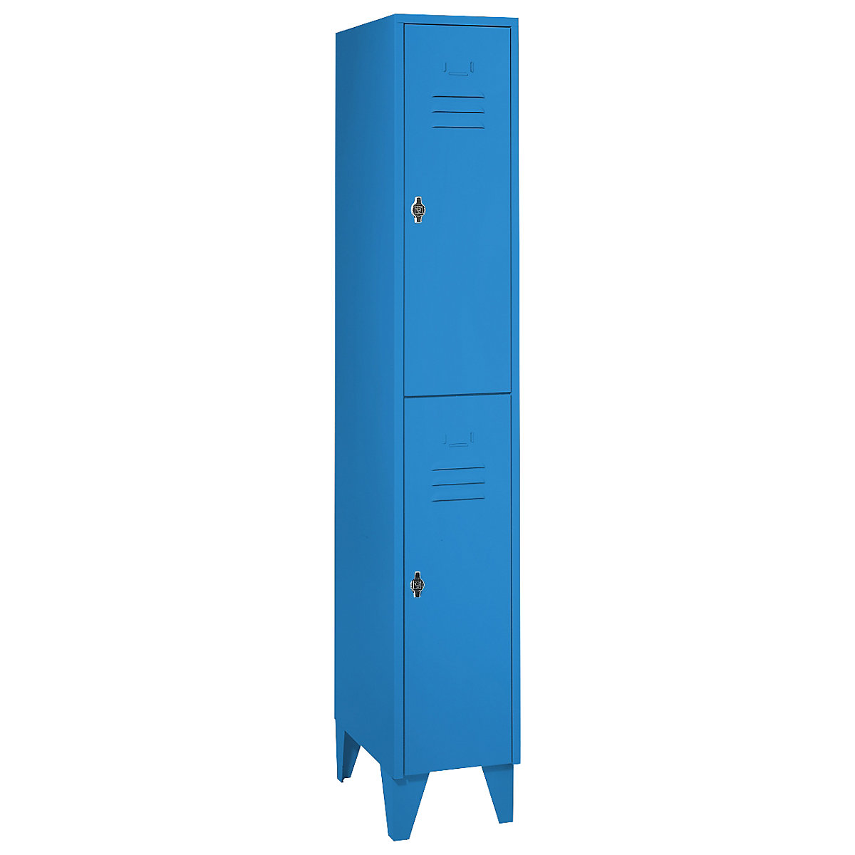 Ocelová skříňka s kuželovými nohami – Wolf, přihrádky v poloviční výšce, plnostěnné dveře, šířka oddílu 300 mm, 2 boxy, světlá modrá-49