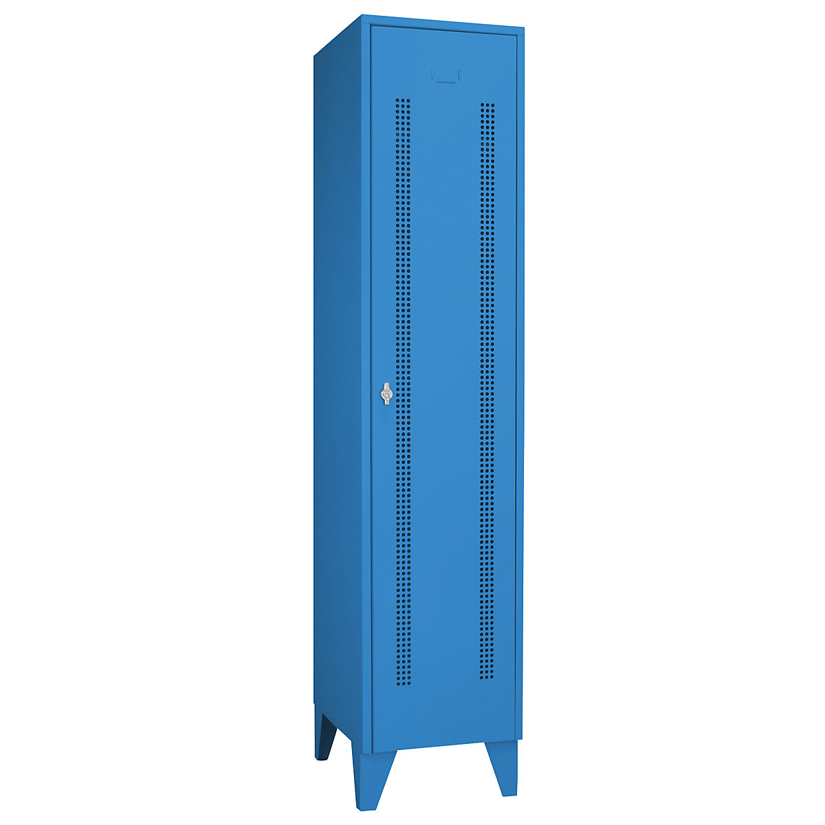 Ocelová skříňka s kuželovými nohami – Wolf, oddíly ve výšce skříně, dveře z děrovaného plechu, šířka oddílu 400 mm, 1 oddíl, světlá modrá-49