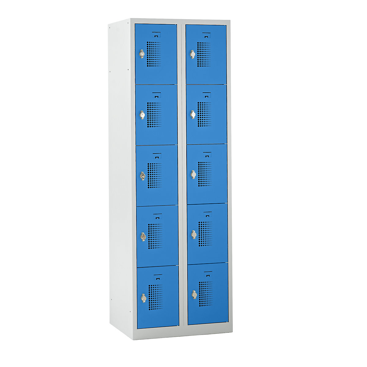 Skříň s uzamykatelnými boxy AMSTERDAM – eurokraft basic, 2 oddíly, šířka 600 mm, 10 boxů, otočná závora pro visací zámek, barva dveří světle modrá, barva korpusu světle šedá-2