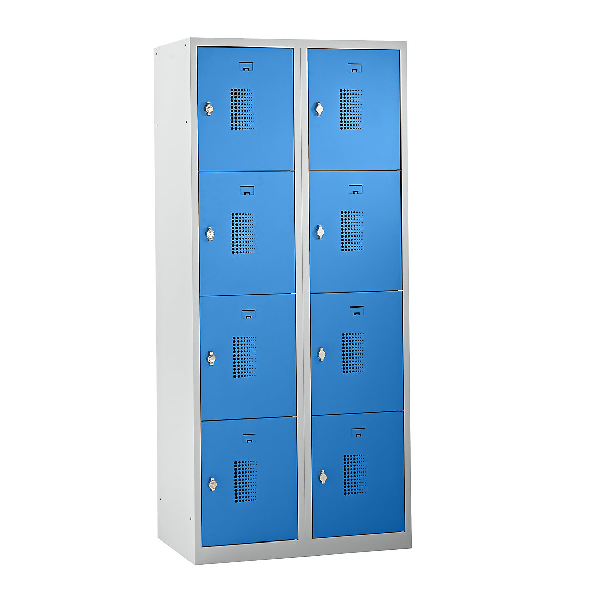 Skříň s uzamykatelnými boxy AMSTERDAM – eurokraft basic, 2 oddíly, šířka 800 mm, 8 boxů, otočná závora pro visací zámek, barva dveří světle modrá, barva korpusu světle šedá-24
