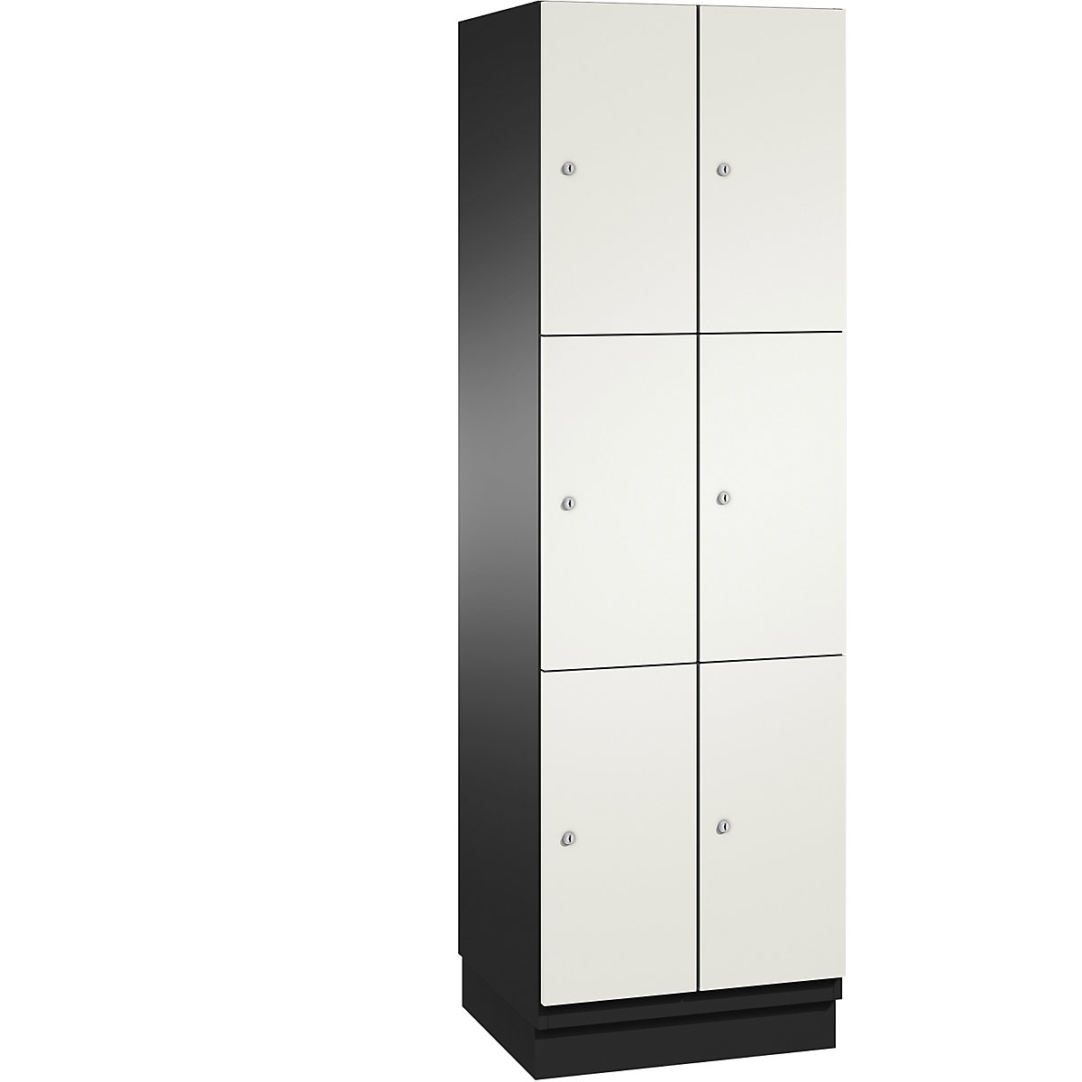 C+P – Skříň s uzamykatelnými boxy CAMBIO s dveřmi z HPL, 6 boxů, korpus černošedý / dveře bílé, šířka 600 mm