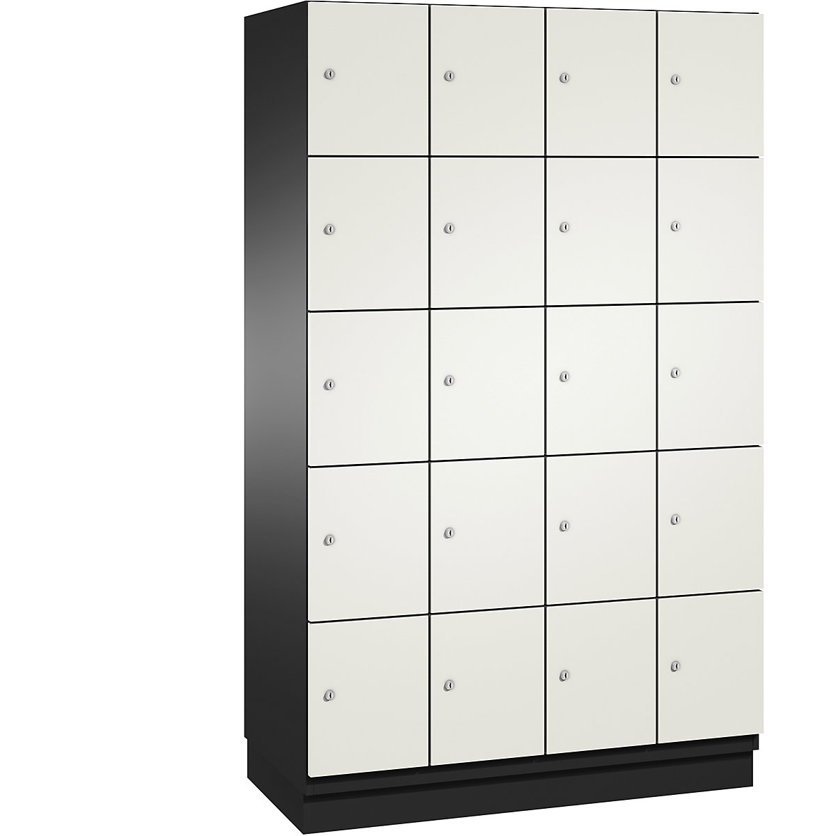 C+P – Skříň s uzamykatelnými boxy CAMBIO s dveřmi z HPL, 20 boxů, korpus černošedý / dveře bílé, šířka 1200 mm
