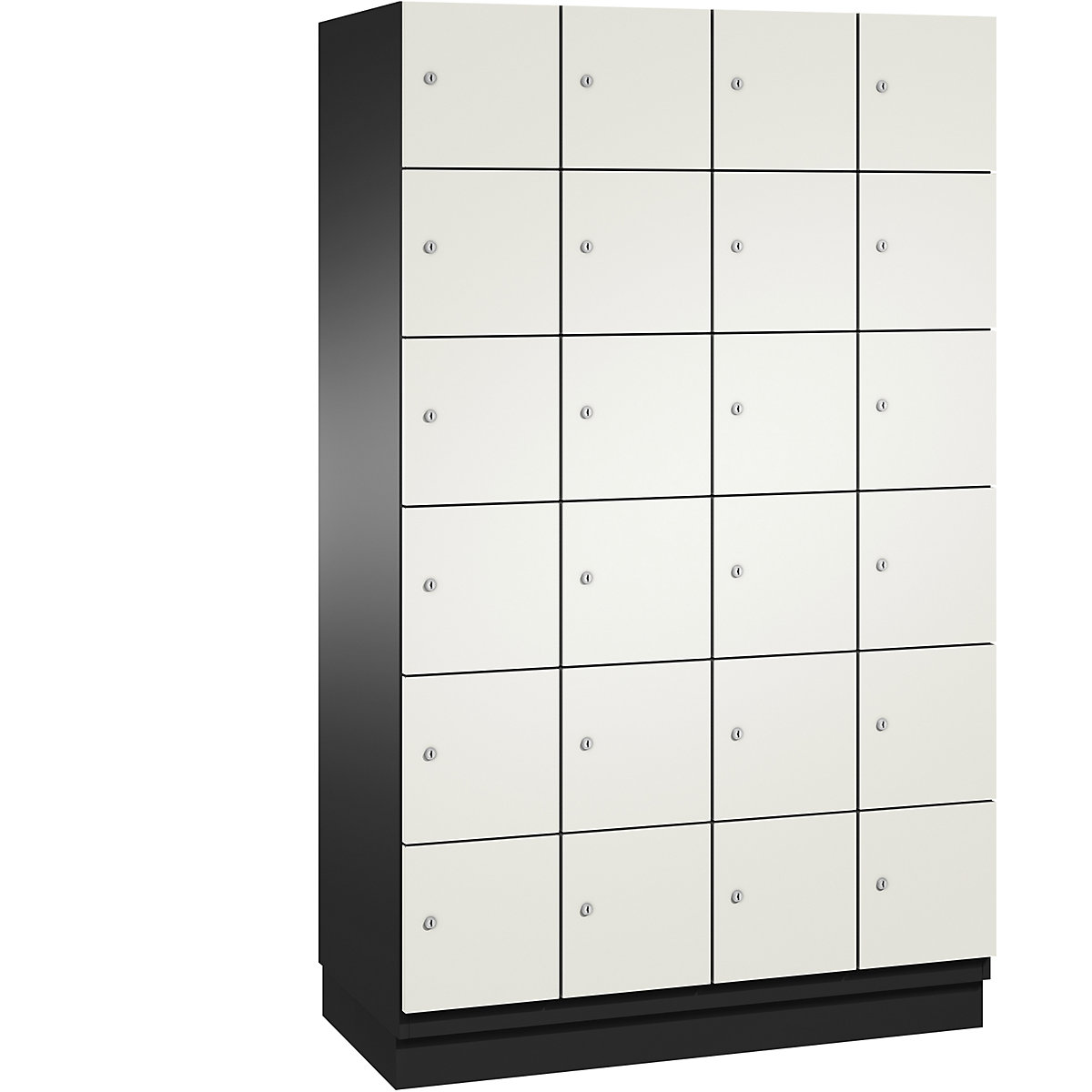 C+P – Skříň s uzamykatelnými boxy CAMBIO s dveřmi z HPL, 24 boxů, korpus černošedý / dveře bílé, šířka 1200 mm