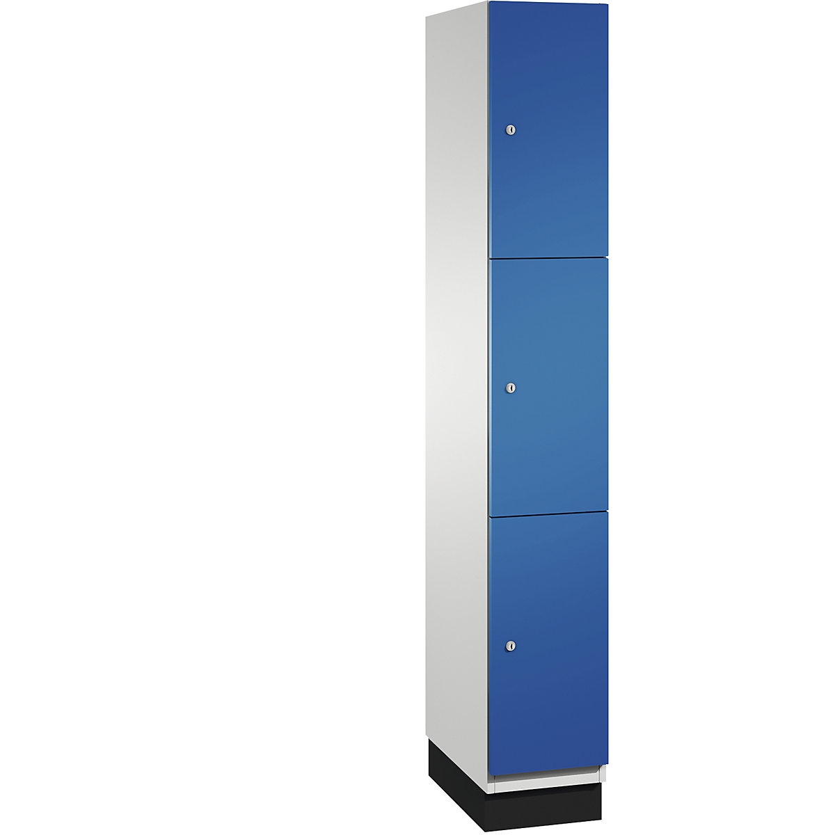 C+P – Skříň s uzamykatelnými boxy CAMBIO s dveřmi z ocelového plechu, 3 boxy, šířka 300 mm, korpus světlý šedý / dveře hořcově modré