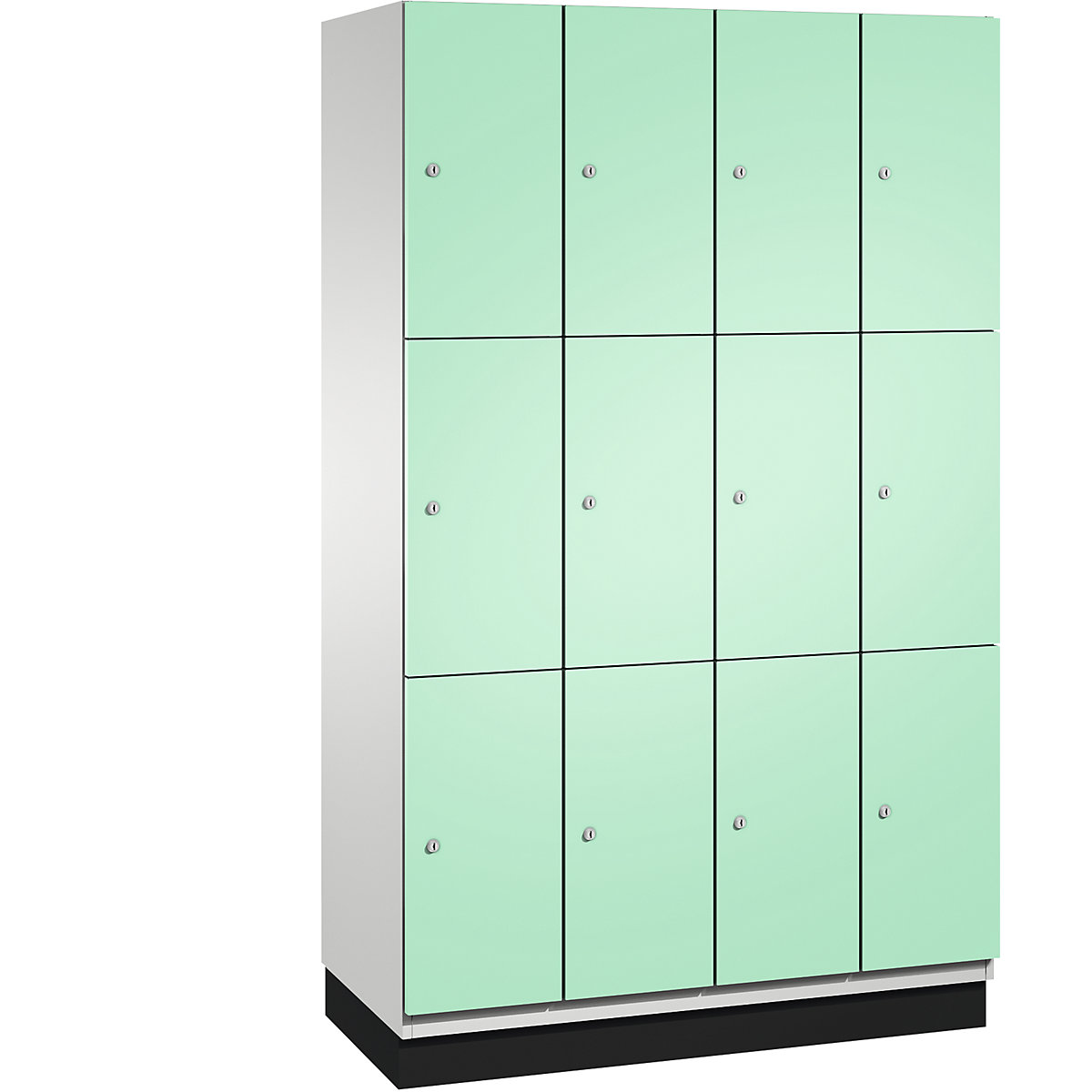 C+P – Skříň s uzamykatelnými boxy CAMBIO s dveřmi z ocelového plechu, 12 boxů, šířka 1200 mm, korpus světlý šedý / dveře světlé zelené, výška boxu 616,6 mm