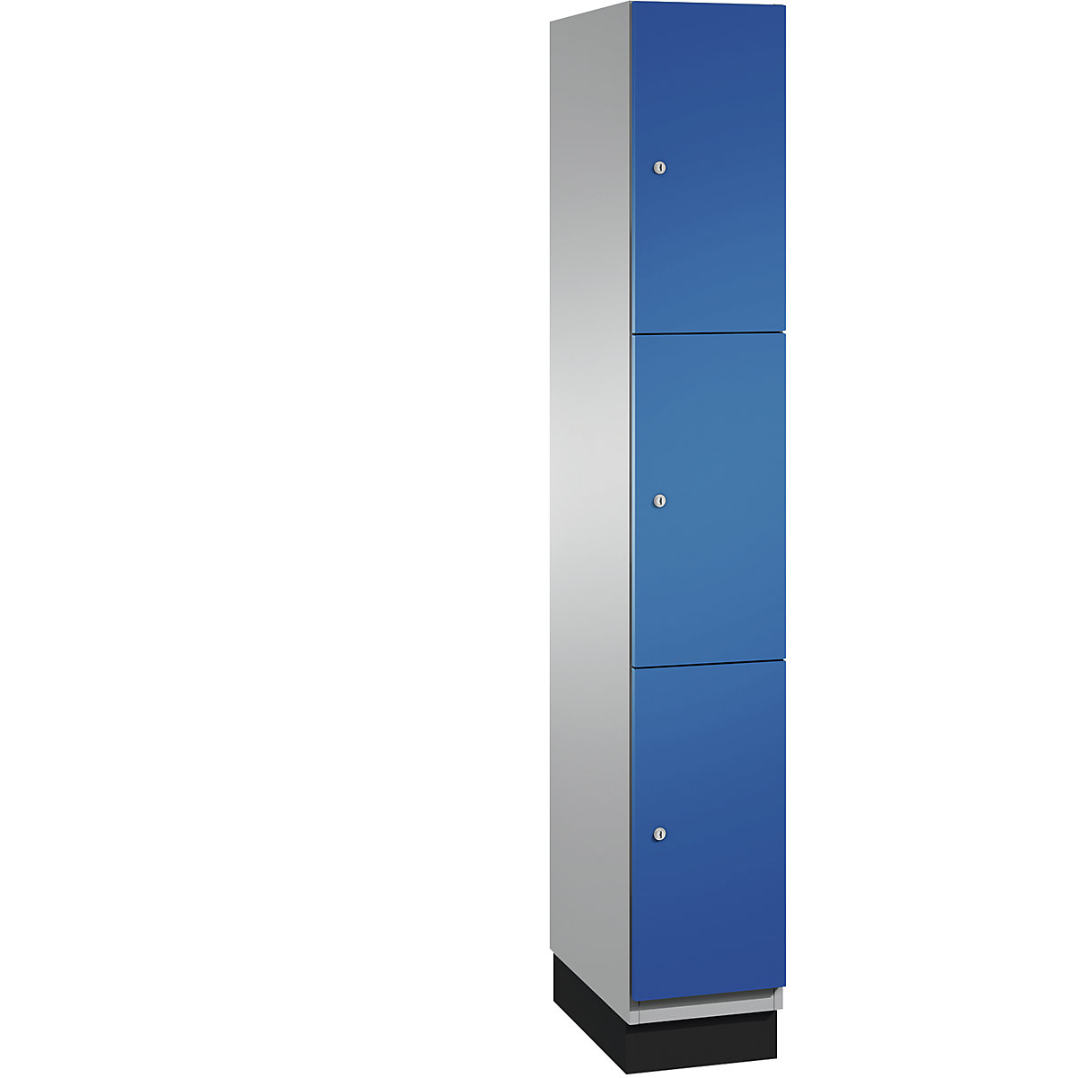 C+P – Skříň s uzamykatelnými boxy CAMBIO s dveřmi z ocelového plechu, 3 boxy, šířka 300 mm, korpus bílý hliník / dveře hořcově modré