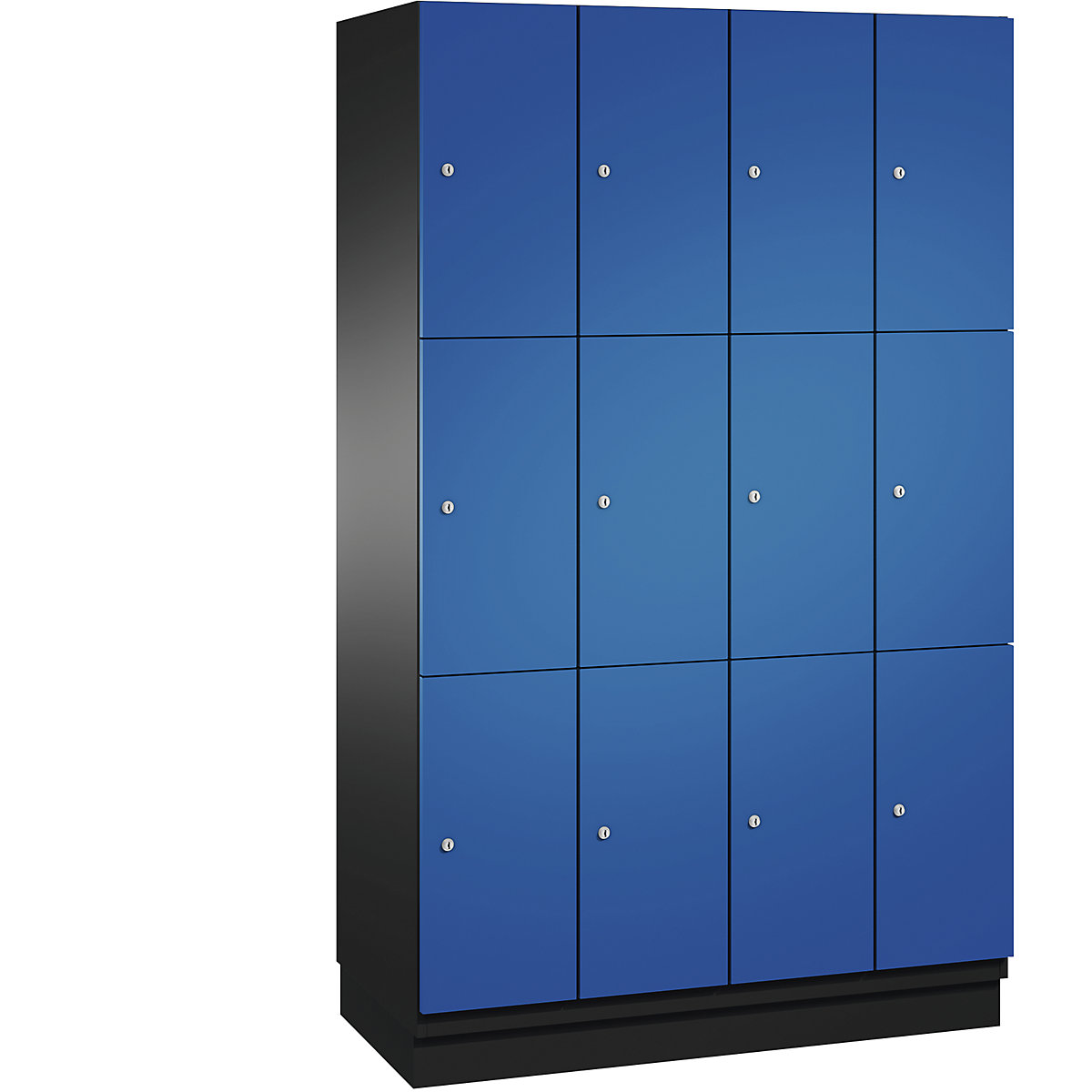 C+P – Skříň s uzamykatelnými boxy CAMBIO s dveřmi z ocelového plechu, 12 boxů, šířka 1200 mm, korpus černošedý / dveře hořcově modré, výška boxu 616,6 mm