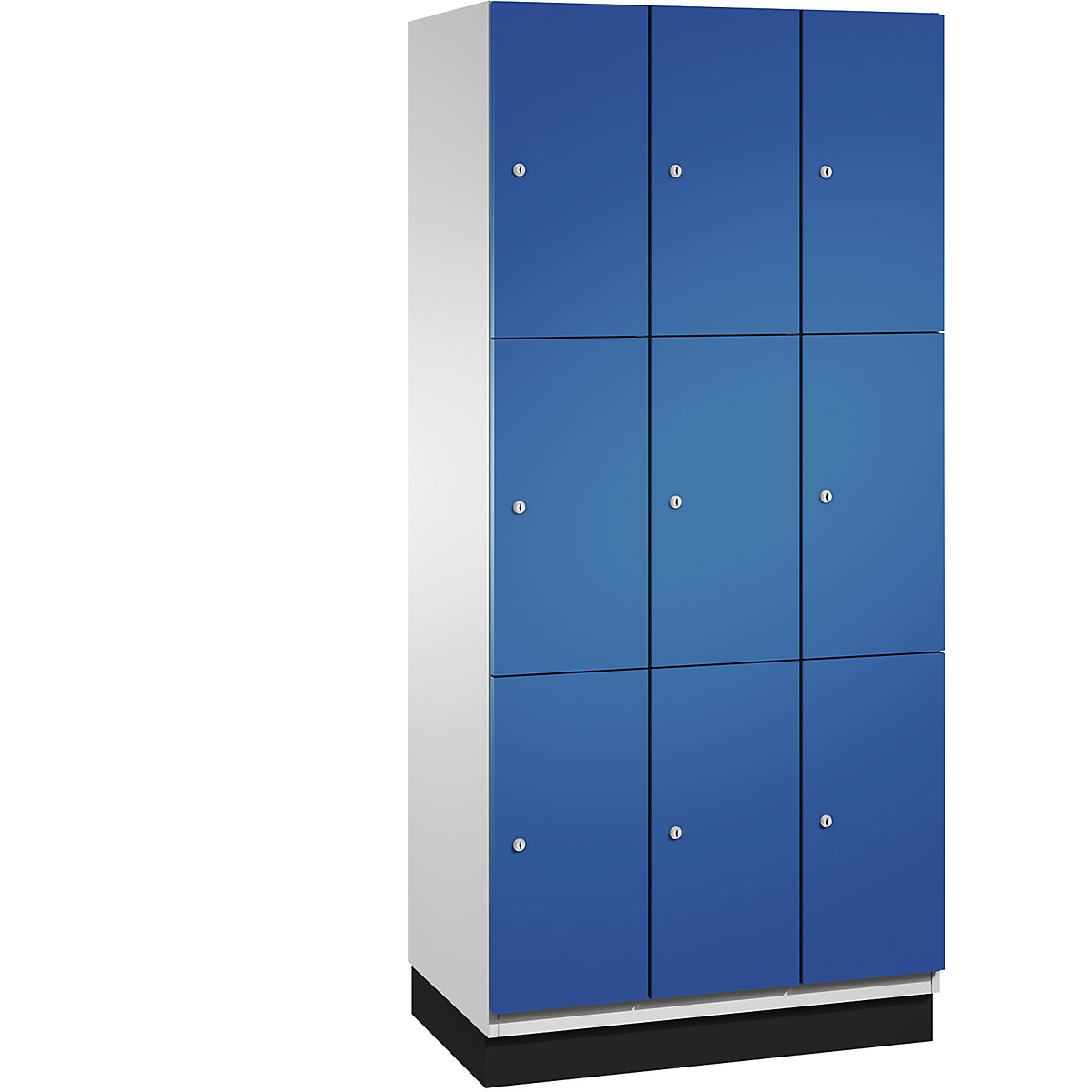 C+P – Skříň s uzamykatelnými boxy CAMBIO s dveřmi z ocelového plechu, 9 boxů, šířka 900 mm, korpus světlý šedý / dveře hořcově modré