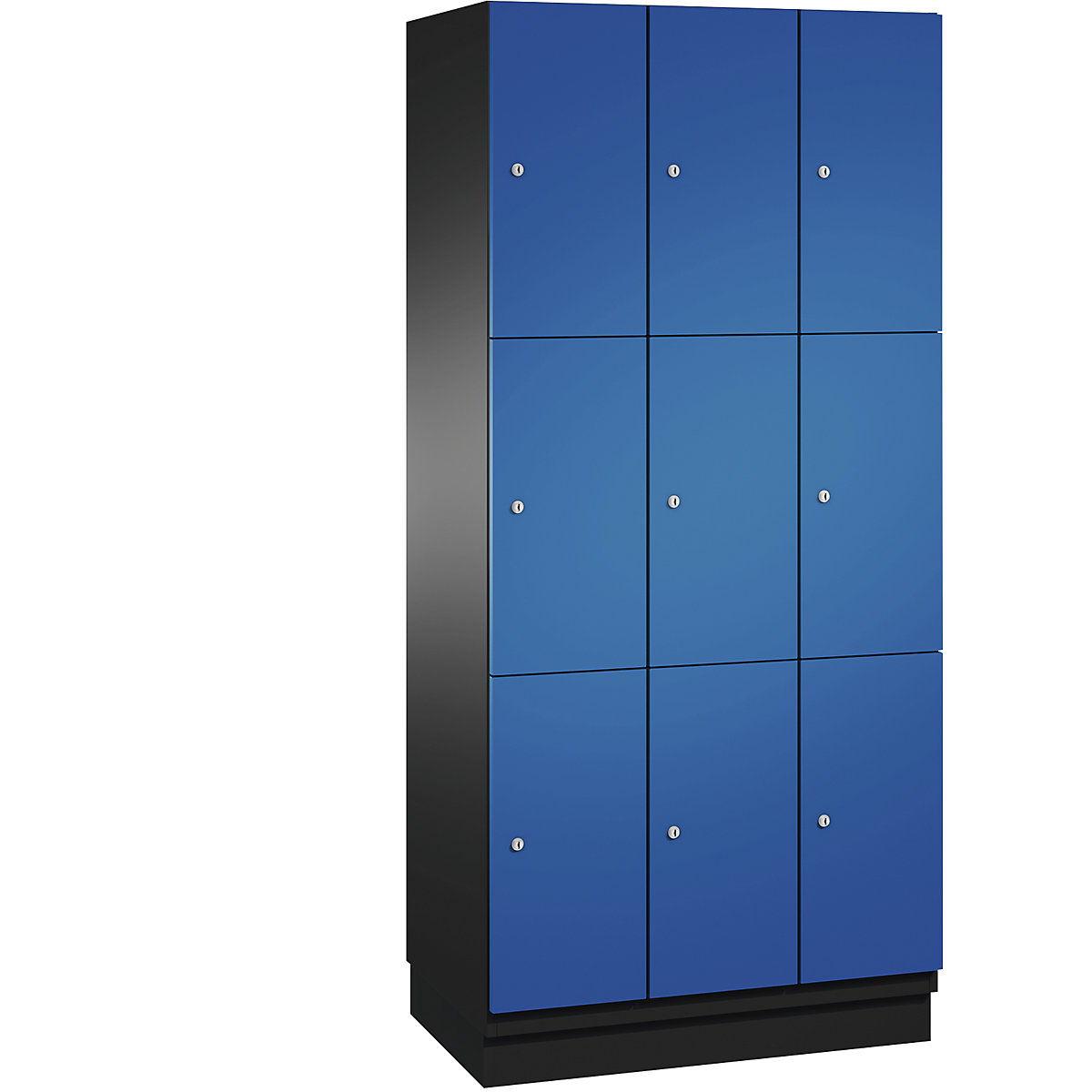 C+P – Skříň s uzamykatelnými boxy CAMBIO s dveřmi z ocelového plechu, 9 boxů, šířka 900 mm, korpus černošedý / dveře hořcově modré