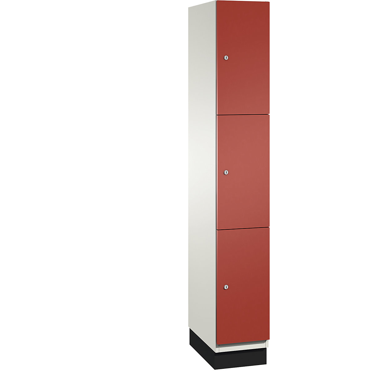 C+P – Skříň s uzamykatelnými boxy CAMBIO s dveřmi z ocelového plechu, 3 boxy, šířka 300 mm, korpus čistý bílý / dveře ohnivě červené