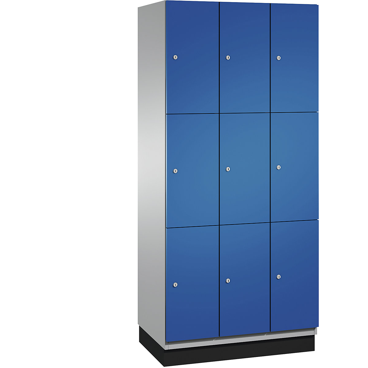 C+P – Skříň s uzamykatelnými boxy CAMBIO s dveřmi z ocelového plechu, 9 boxů, šířka 900 mm, korpus bílý hliník / dveře hořcově modré