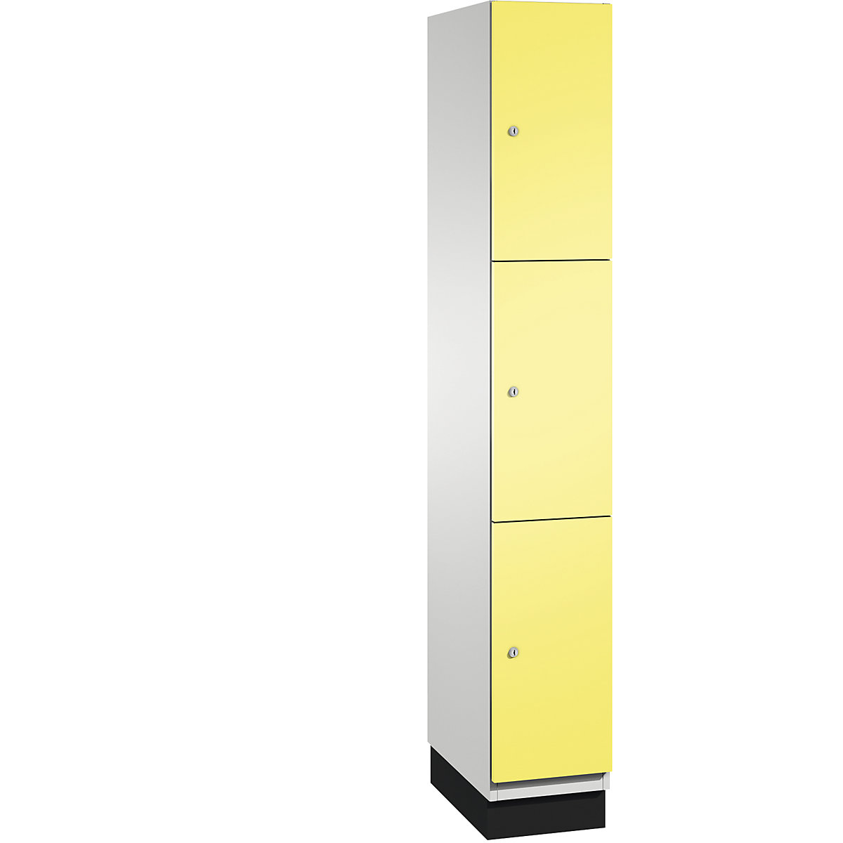 C+P – Skříň s uzamykatelnými boxy CAMBIO s dveřmi z ocelového plechu, 3 boxy, šířka 300 mm, korpus světlý šedý / dveře sírové žluté
