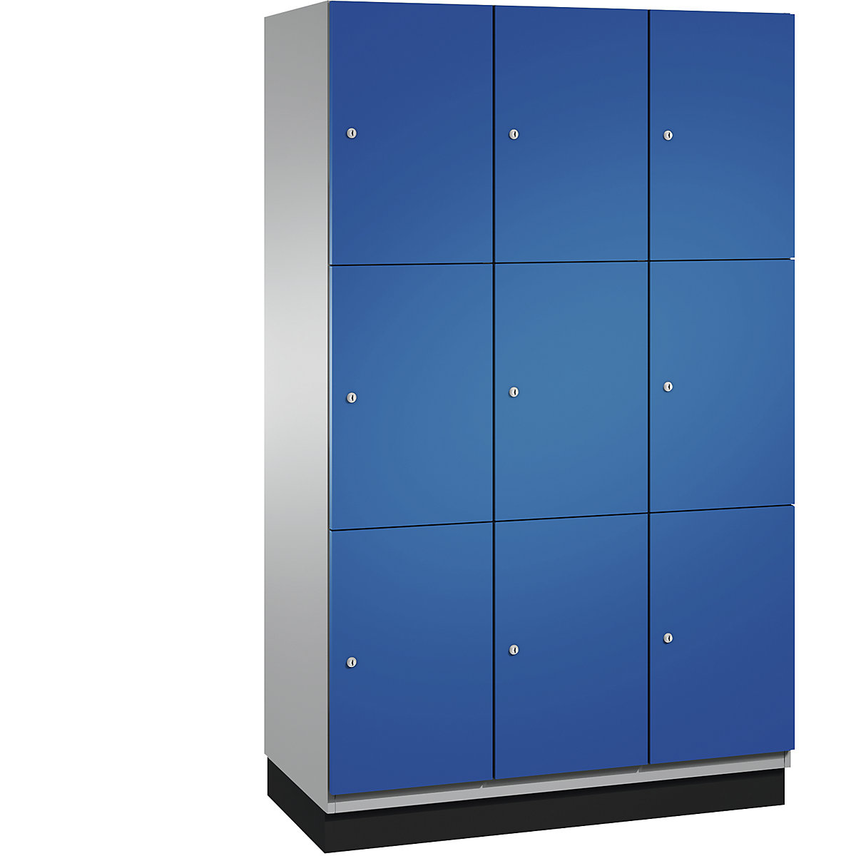 C+P – Skříň s uzamykatelnými boxy CAMBIO s dveřmi z ocelového plechu, 9 boxů, šířka 1200 mm, korpus bílý hliník / dveře hořcově modré