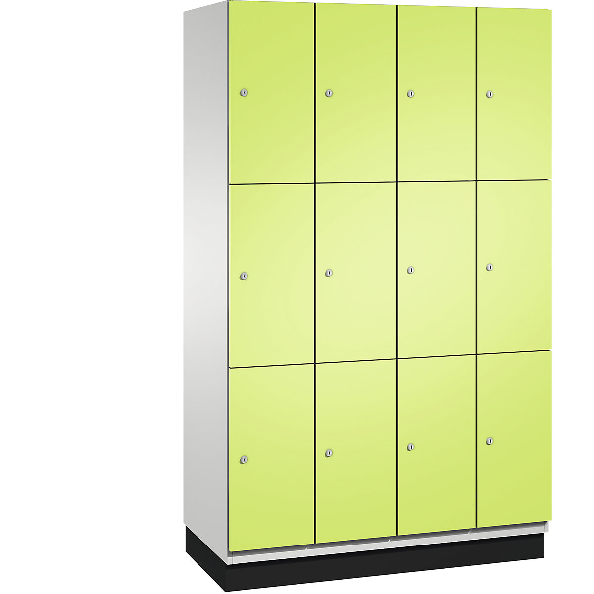 C+P – Skříň s uzamykatelnými boxy CAMBIO s dveřmi z ocelového plechu, 12 boxů, šířka 1200 mm, korpus světlý šedý / dveře viridianové zelené, výška boxu 616,6 mm